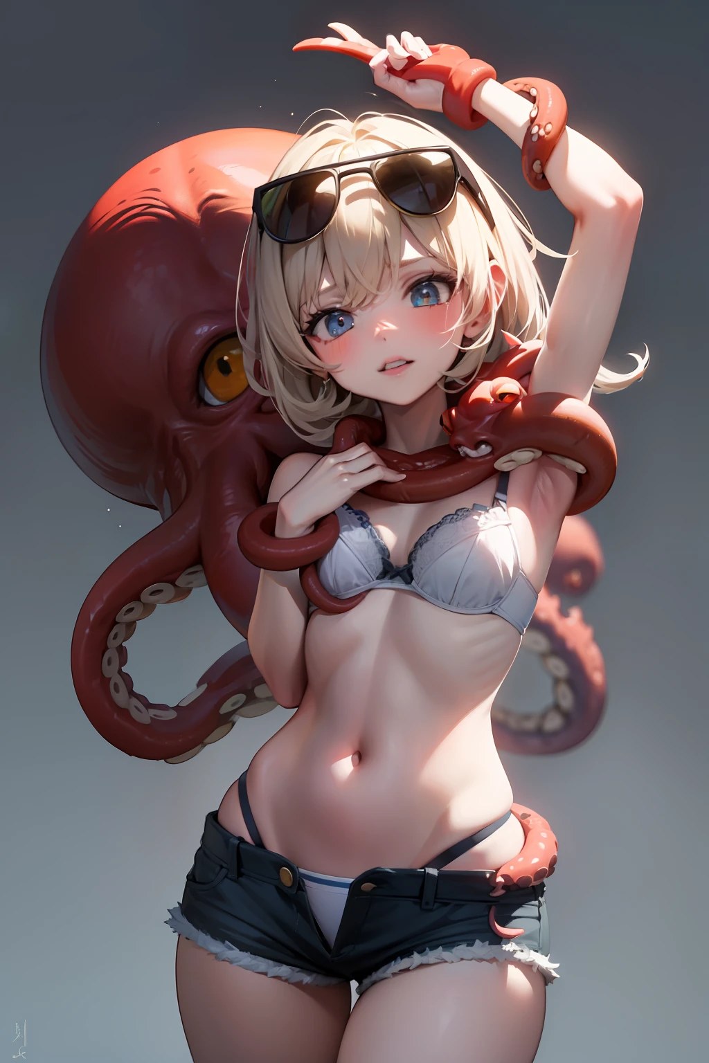 1girl, octopus, animal, on head, sunglasses, bra, shorts, hands tied tentacles, tied tentackle, masterpiece, best quality, highly detailed, white skin, shy face, helpless