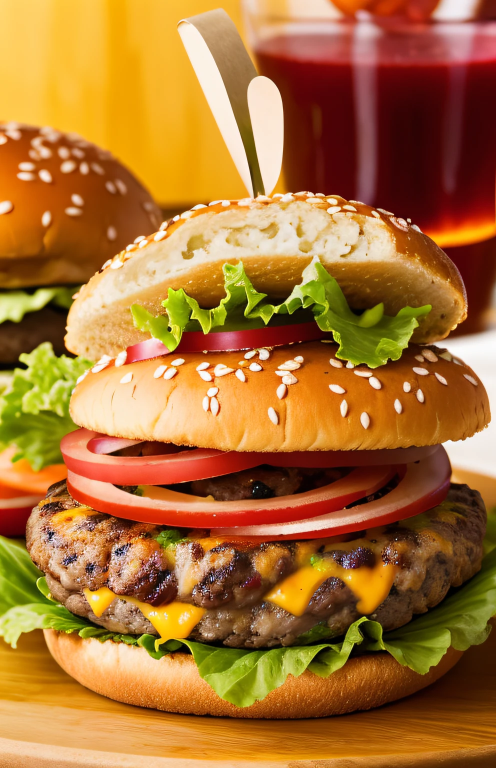 Photo of a three-tier beef cheeseburger,Plump and juicy,Creative background+,Seed bread,Pepperjack cheese,(complexdetails:1.12),hdr,(complexdetails,ultra detali:1.15)