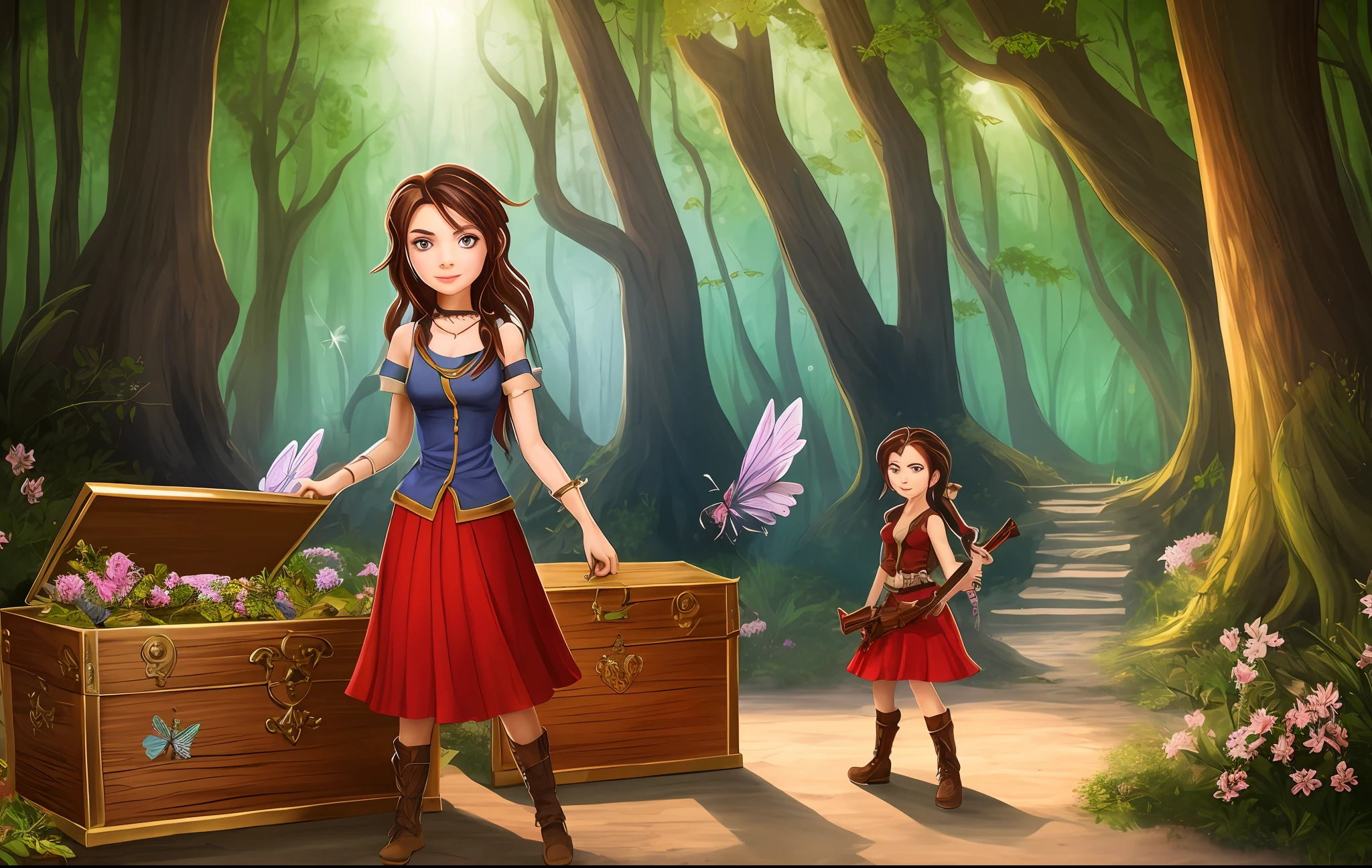 A colorful and captivating illustration showing Lara next to the fairy chest, com as fadinhas brilhantes voando ao seu redor. Ao fundo, one can depict the Enchanted Forest with tall trees and lovely flowers.