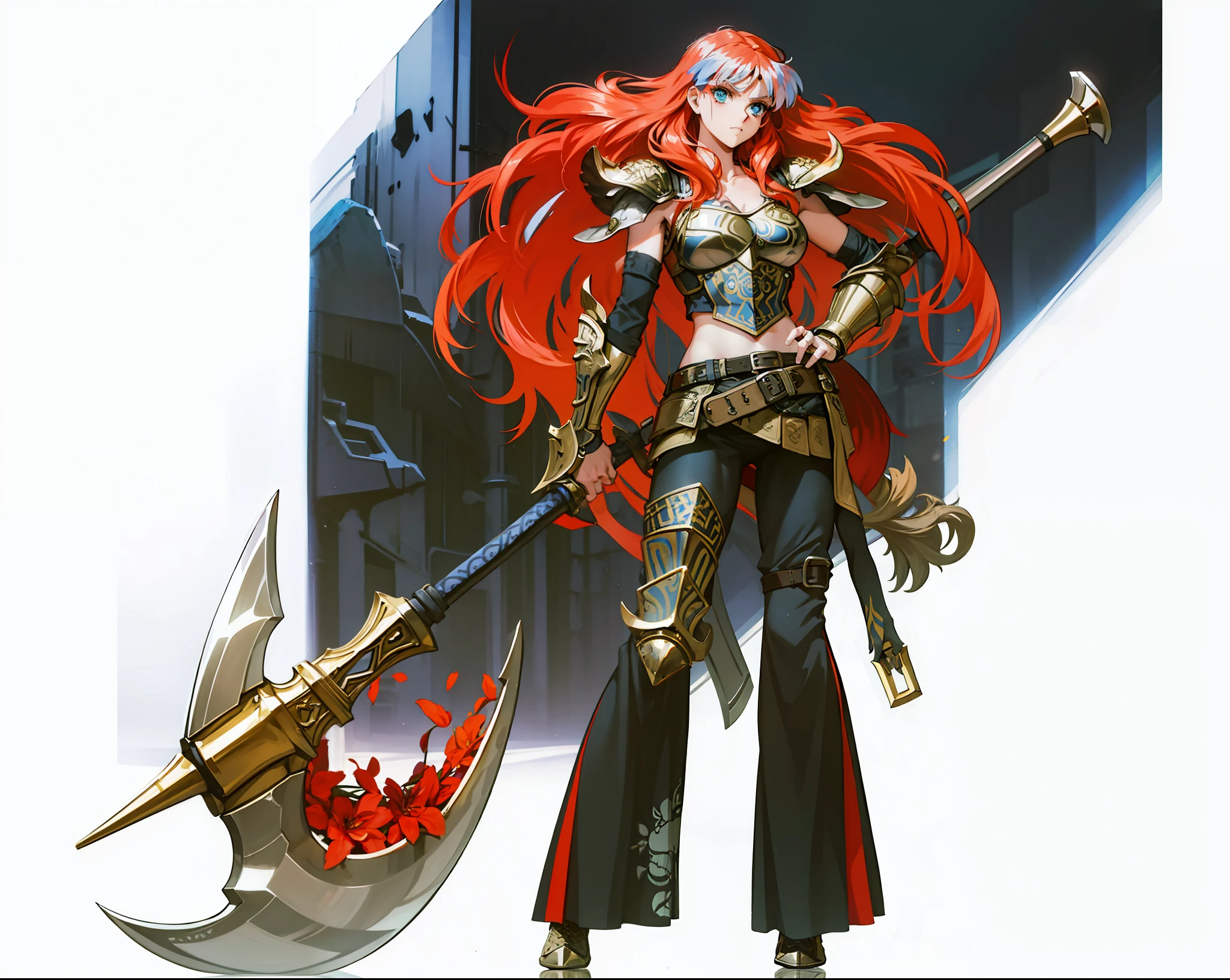 Boadicea, red-haired Viking warrior with Nordic armor and rune tattoos on her body and blooming blue eyes holding an axe, 4k