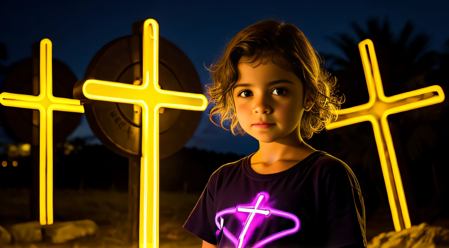 MENINA LOIRA 10 ANOS, cabelos LOIROS muito longos, uma cruz , retrato, foto de zoom detalhada, Crucifixo, Cruzes, cruz, neon cross.