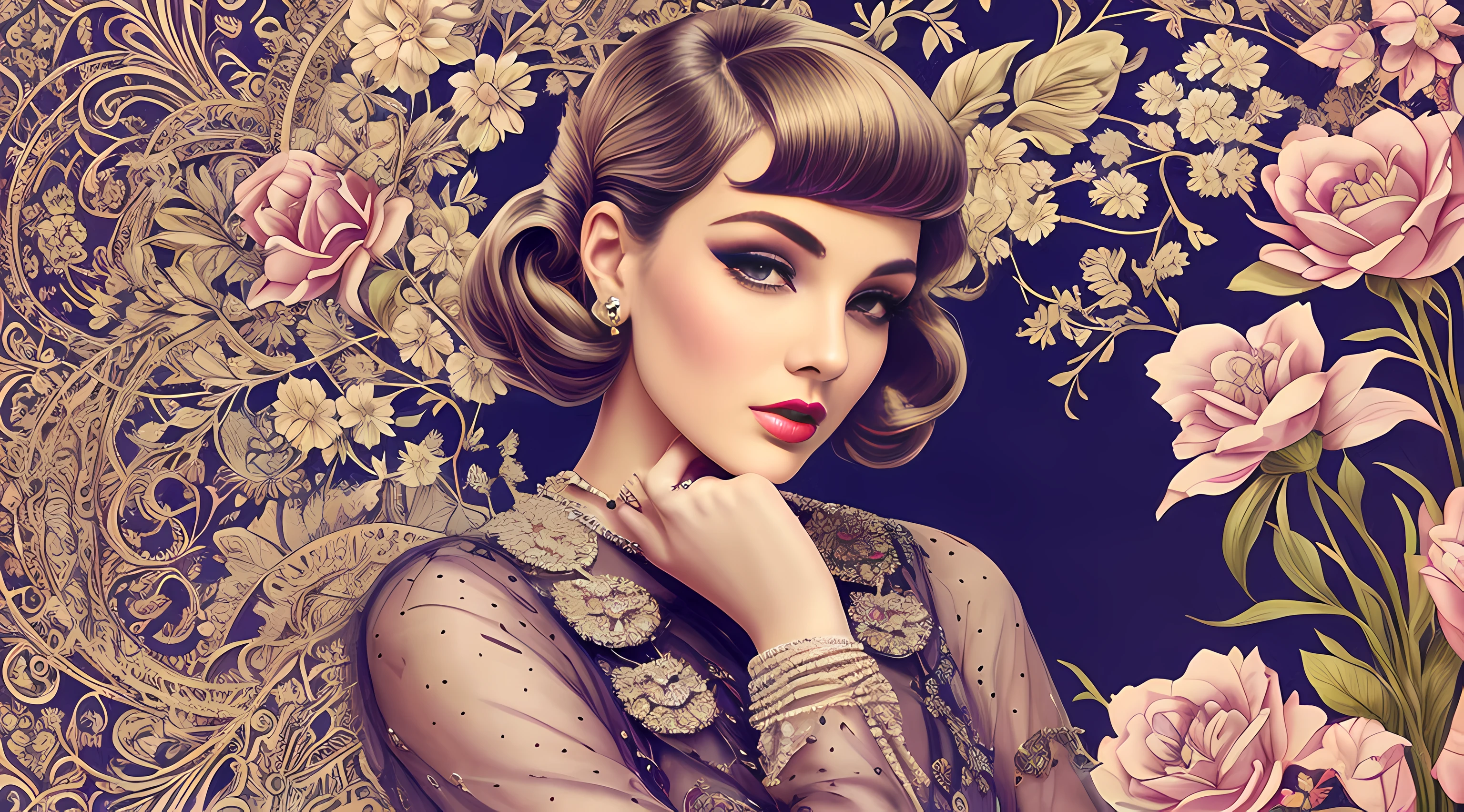 A captivating artwork that embodies the essence of retro fashion and exudes elegance and glamour. This piece showcases a stylish woman adorned in vintage-inspired attire, capturing the allure of past eras. The retro aesthetic is reflected in her meticulously styled hair, sophisticated makeup, and carefully chosen ensemble. The artwork celebrates the timeless beauty and elegance of retro fashion, transporting viewers to an era filled with grace and sophistication. The attention to detail, from the intricate patterns to the carefully selected accessories, adds an extra layer of charm and authenticity to the artwork. Whether used in fashion promotions, editorial designs, or nostalgic-themed projects, this artwork showcases the allure of retro style and the enduring appeal of classic elegance.