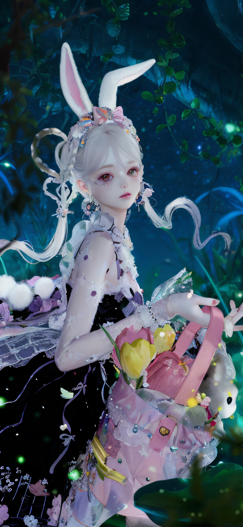 The girl has rabbit ears,white color hair,Carrying a basket of flowers,There is a little rabbit inside the flower basket,out in forest,the night,There are fireflies,8K