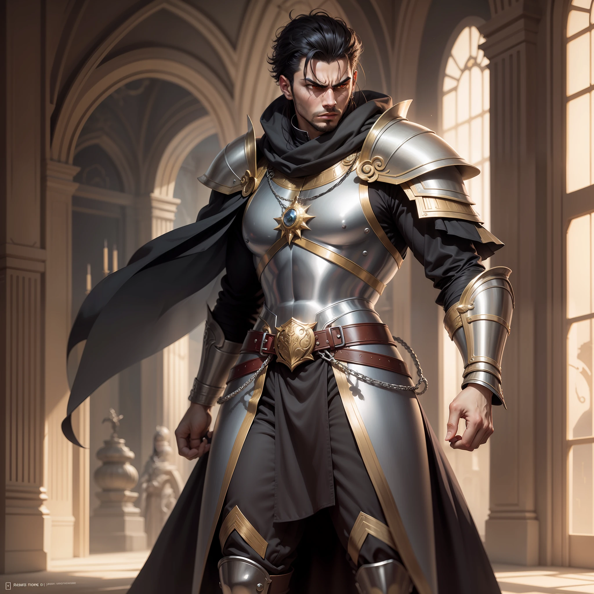 realistic image with anime-style artwork of an Egyptian male, age 25, dressed in black cleric robes with silver shoulder pads, role-playing warrior, angry, standing in a large hall of a royal palace