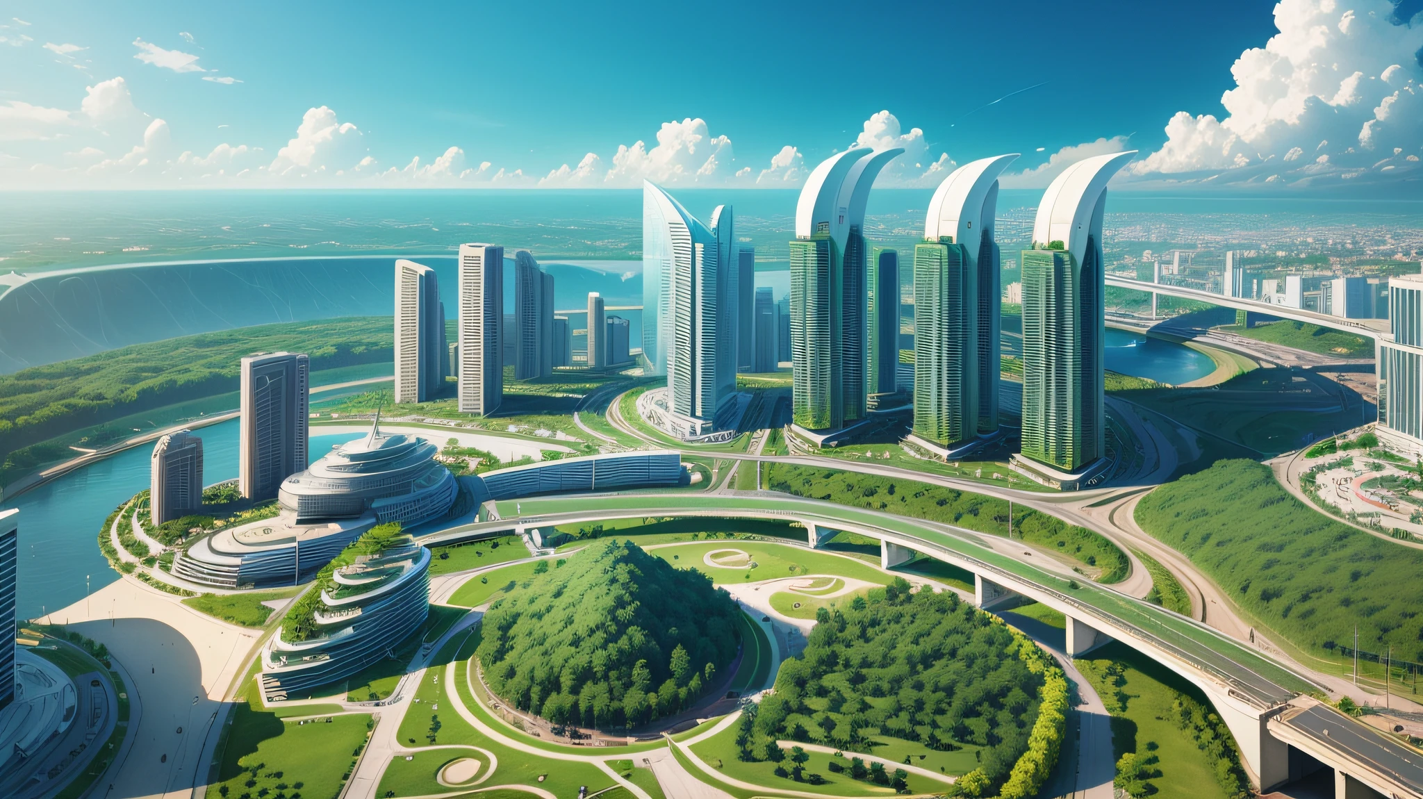/imagine prompt: A futuristic city in Goiânia, Goias, daqui a 70 anos no ano de 2100, with gleaming skyscrapers, Advanced technologies and futuristic infrastructure, highlighting sustainability and integration with nature, Fotografia, estilo realista, lente grande angular, --ar 16:9