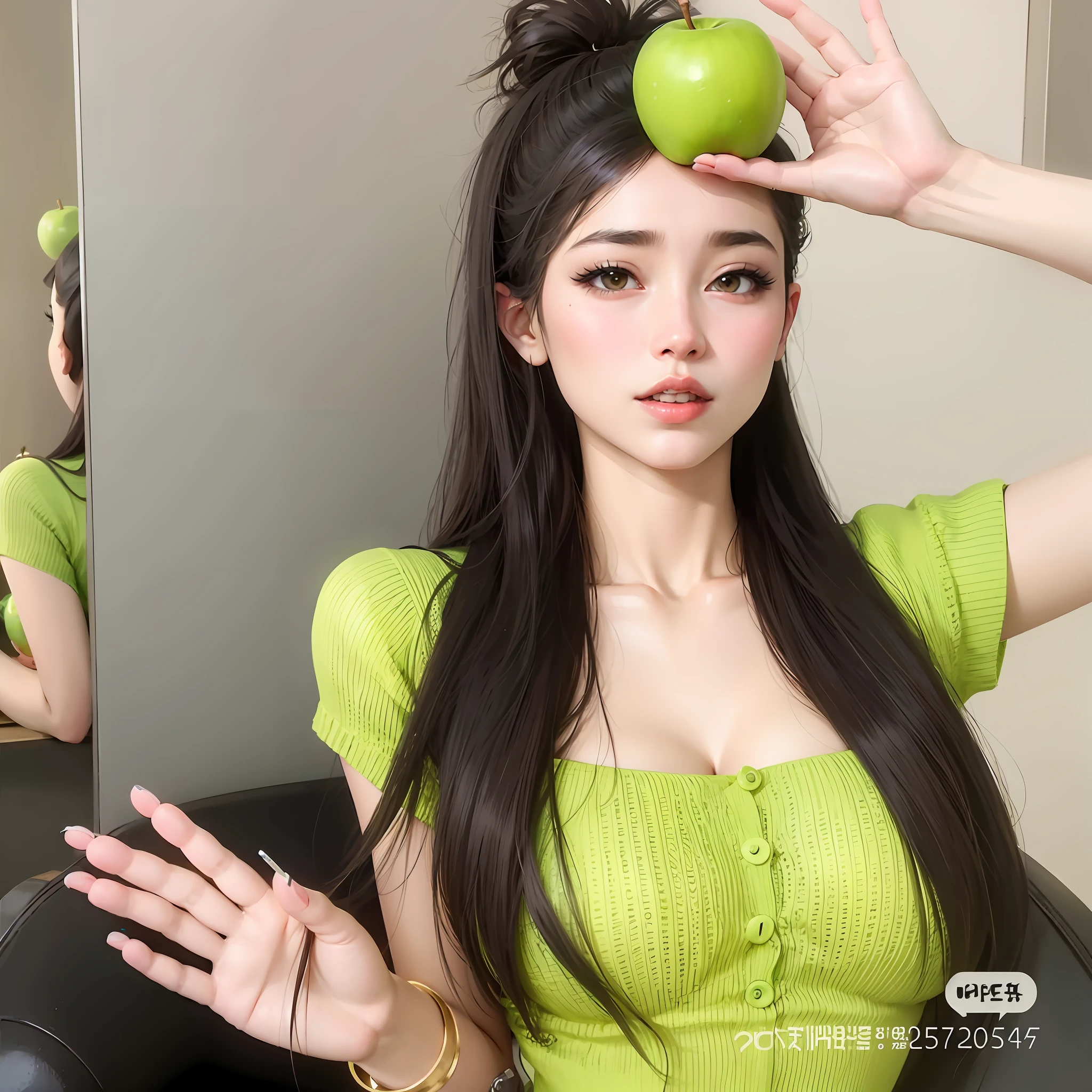 there is a woman with a green apple on her head, Urzan, 2 female model, with apple, photo of slim girl model, dilraba dilmurat, ๐ธ๐, 19-year-old girls, With long hair, shaxi, #overclocking, Aesthetic!!!!!! female elf, gorgeous korean young woman, # overclocking