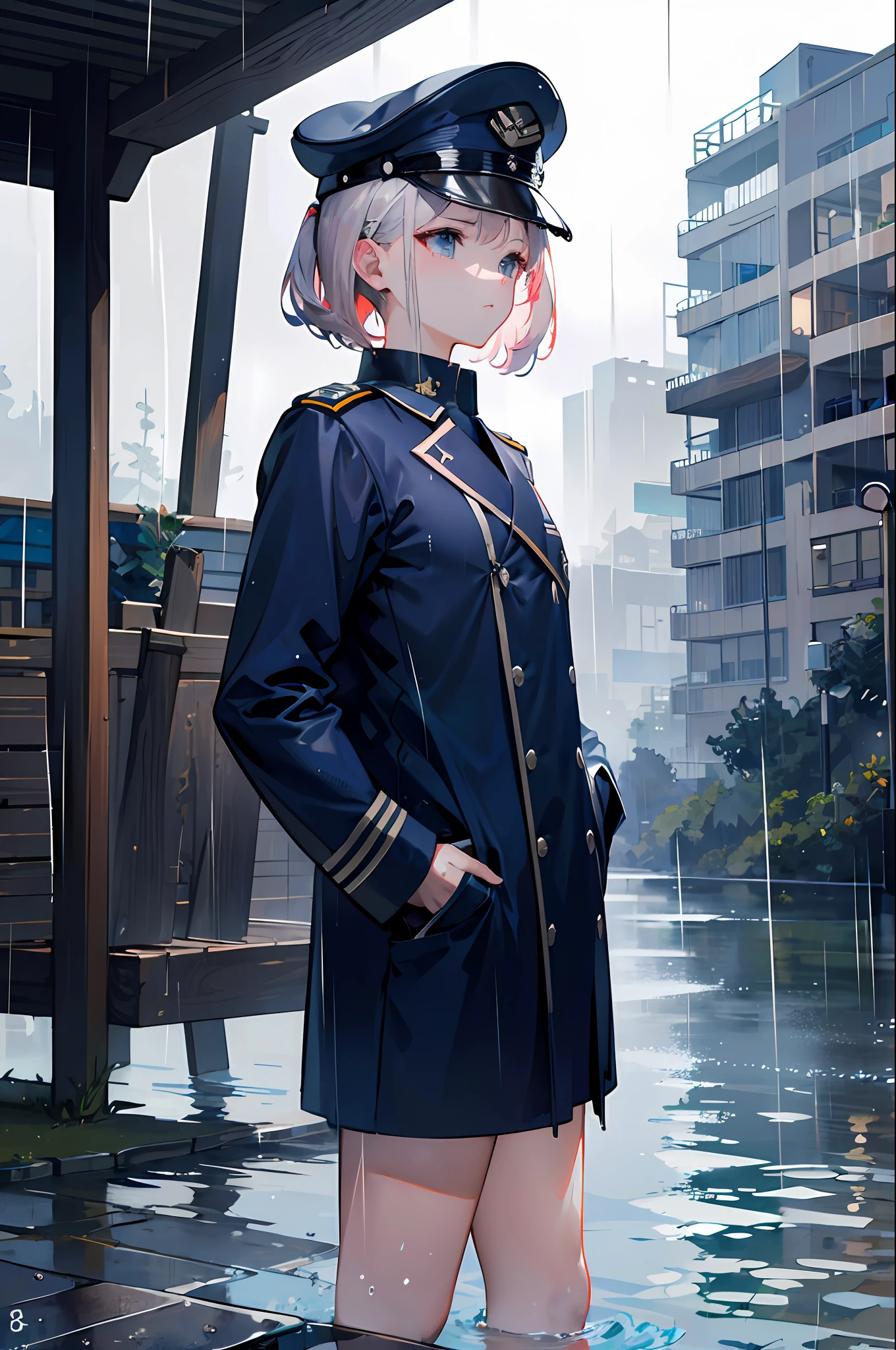 (masterpiece:1.5),best quality, (ultra-detailed:1.2), (water surface:1.3), (rain:1.2), (navy uniform:1.2), (hands in pockets), nsfw, (4k:1.2), (8k:1.2)