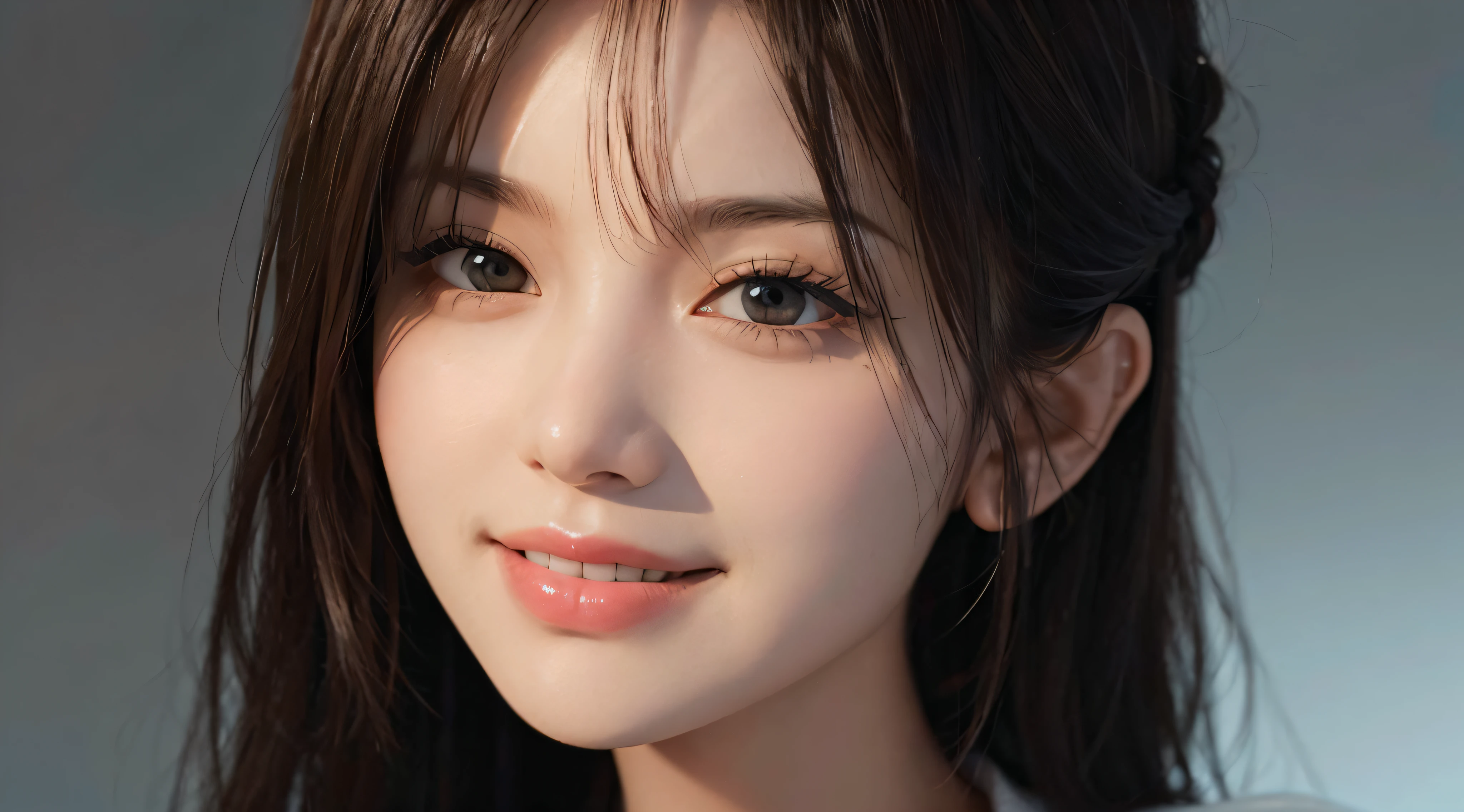 (Ultra Realistic), (Illustration), (Increased Resolution), (8K), (Extremely Detailed), (Best Illustration), (Beautiful and Detailed Eyes), (Best Quality), (Ultra Detailed), (Masterpiece ), ( wallpaper), (detailed face), solo, 1 girl, looking at viewer, fine details, detailed face, in the dark, deep shadows, low key, pureerosfaceace_v1, smiling, long hair, black shawl straight hair , 46 points oblique bangs