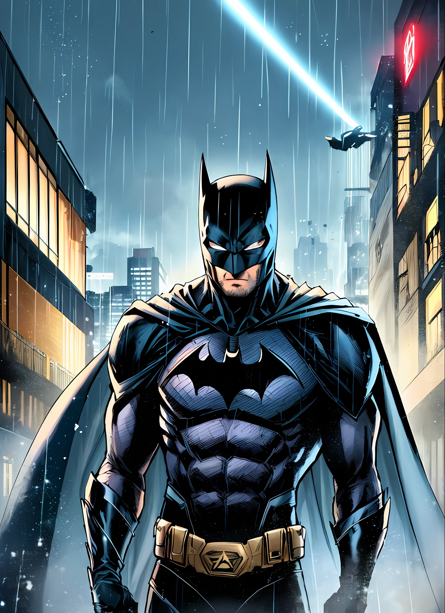 1boy, dark scene, cowboy shot of batman, athletic, white eyes, no pupils, night city, mist, particles, male focus, mask, muscular, muscular male, ragged and torn cape, night, outdoors, rain, serious, dark armosphere, detailed background, jim lee,