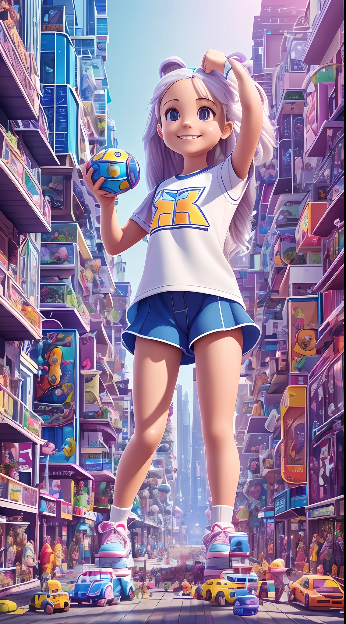 by disney,by Pixar, an with long white hair, wearing sportswear, eyes facing the camera, smiling at the corners of her mouth, holding toys in both hands, full body, various toys in the foreground, a toy stand in the middle, toys in the background Store, warm sunlight on the side, bokeh, 3D art, c4d, octane rendering, ray tracing, blender, ultra-detailed, 100mm, ultra-high-definition quality. HD, 8K --ar 4:5 --style expressive --s 400 --auto --s2