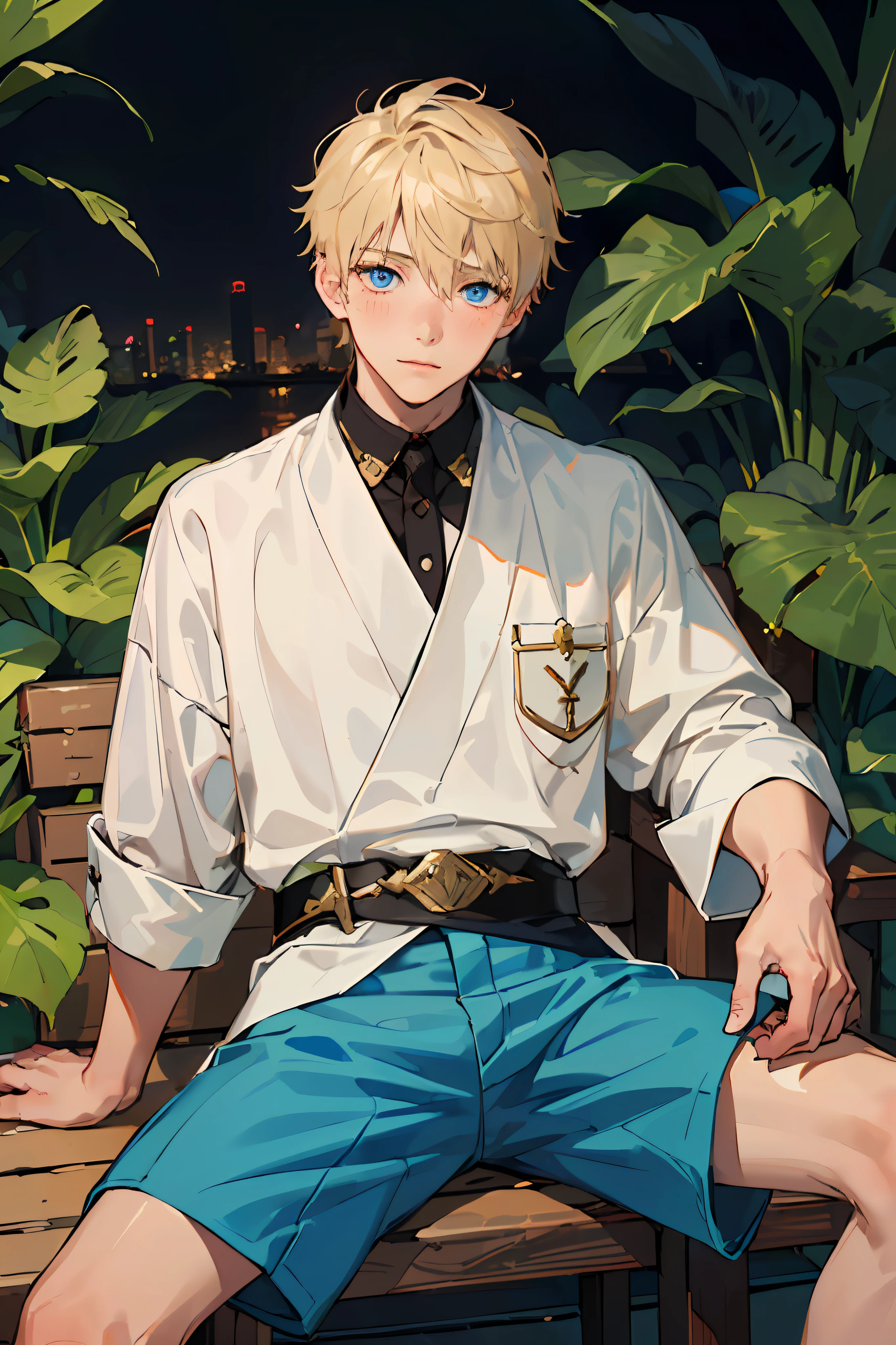 (AS-Young:1.7), (1boy:1.8), (male focus:1.2), (cute:1.7) solo, solo focus, masterpiece, ((exquisite_detail)), illustration, (handsome), extremely_detailed_CG, blue eyes, blonde hair, blush, golden robe, city boy, leaf, looking at viewer, sitting down, (spread legs:0.9), (barefoot:0.9), cute boy, shorts
