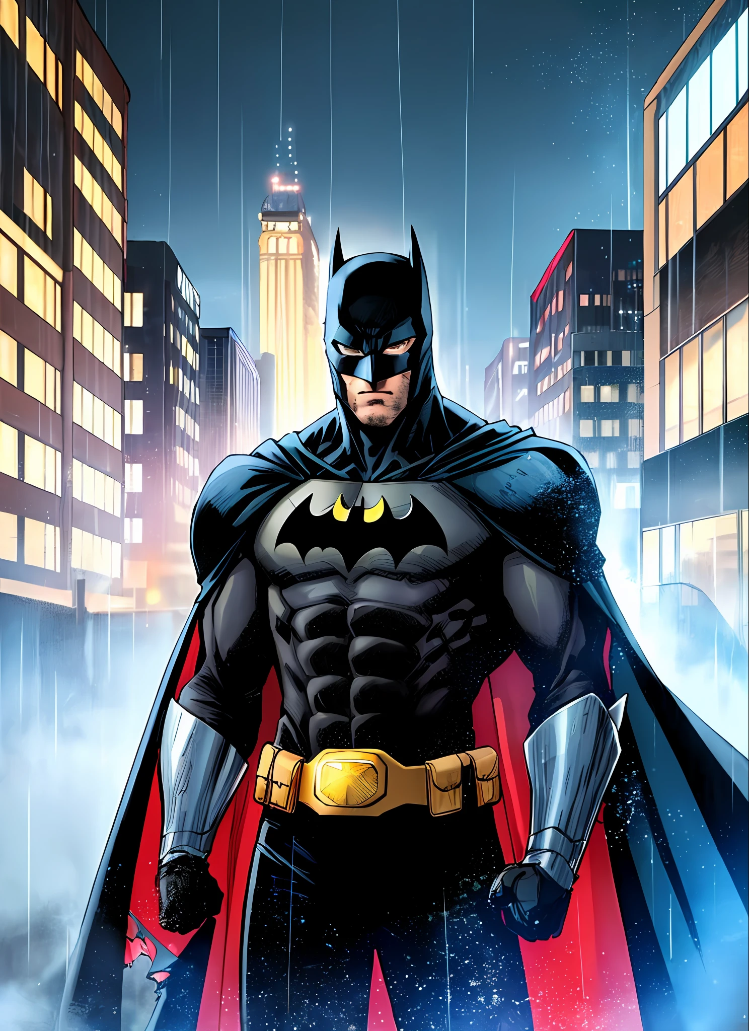 1boy, dark scene, cowboy shot of batman, athletic, white eyes, no pupils, night city, mist, particles, male focus, mask, muscular, muscular male, ragged and torn cape, night, outdoors, rain, serious, dark armosphere, detailed background, jim lee,