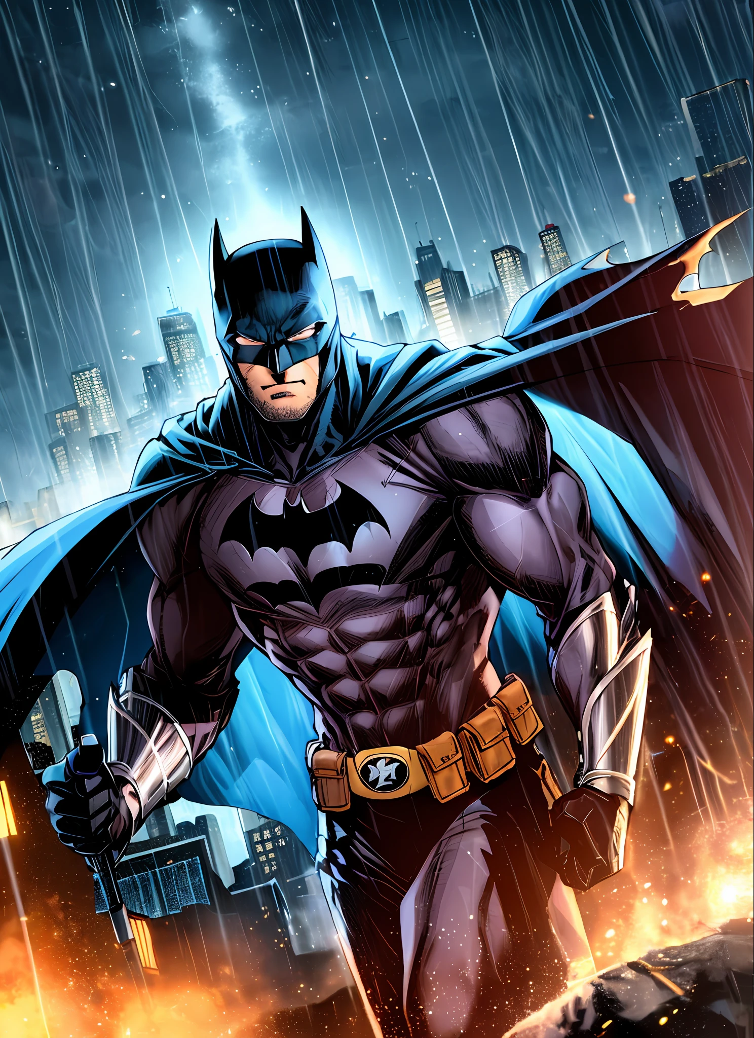 1boy, dark scene, cowboy shot of batman, athletic, white eyes, no pupils, night city, mist, particles, male focus, mask, muscular, muscular male, ragged and torn cape, night, outdoors, rain, serious, dark armosphere, detailed background, jim lee,