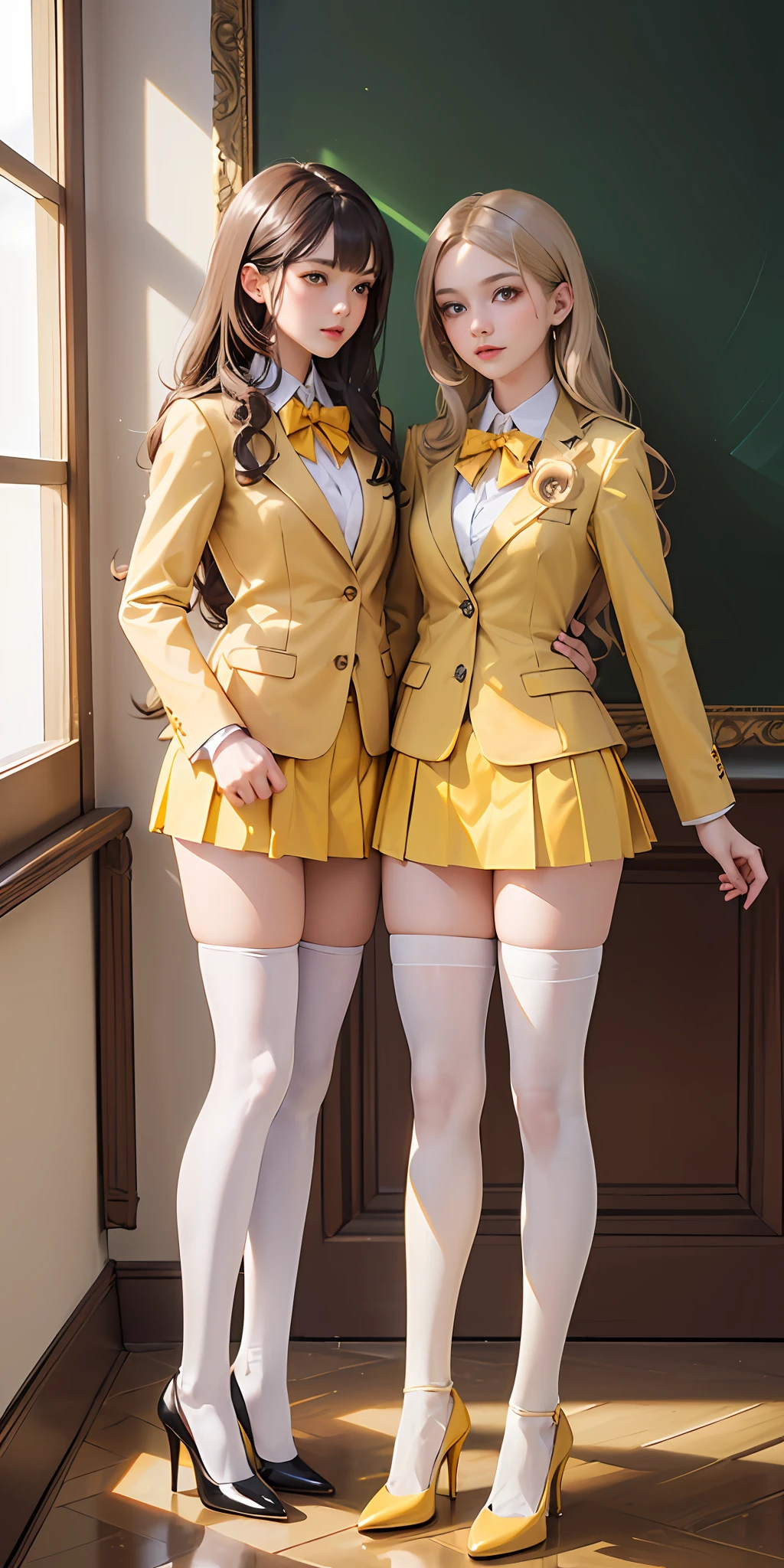 ((Masterpiece, highres)), 2girls, duo, twins, ((one brown haired girl, one blonde girl)), long hair, curly hair, matching hairstyles, different hair color, confident, elegant,  (((matching outfits, identical outfits, yellow school uniforms, sexy school uniforms, yellow blazer, yellow short skirt, white thighhighs, black high heels)))