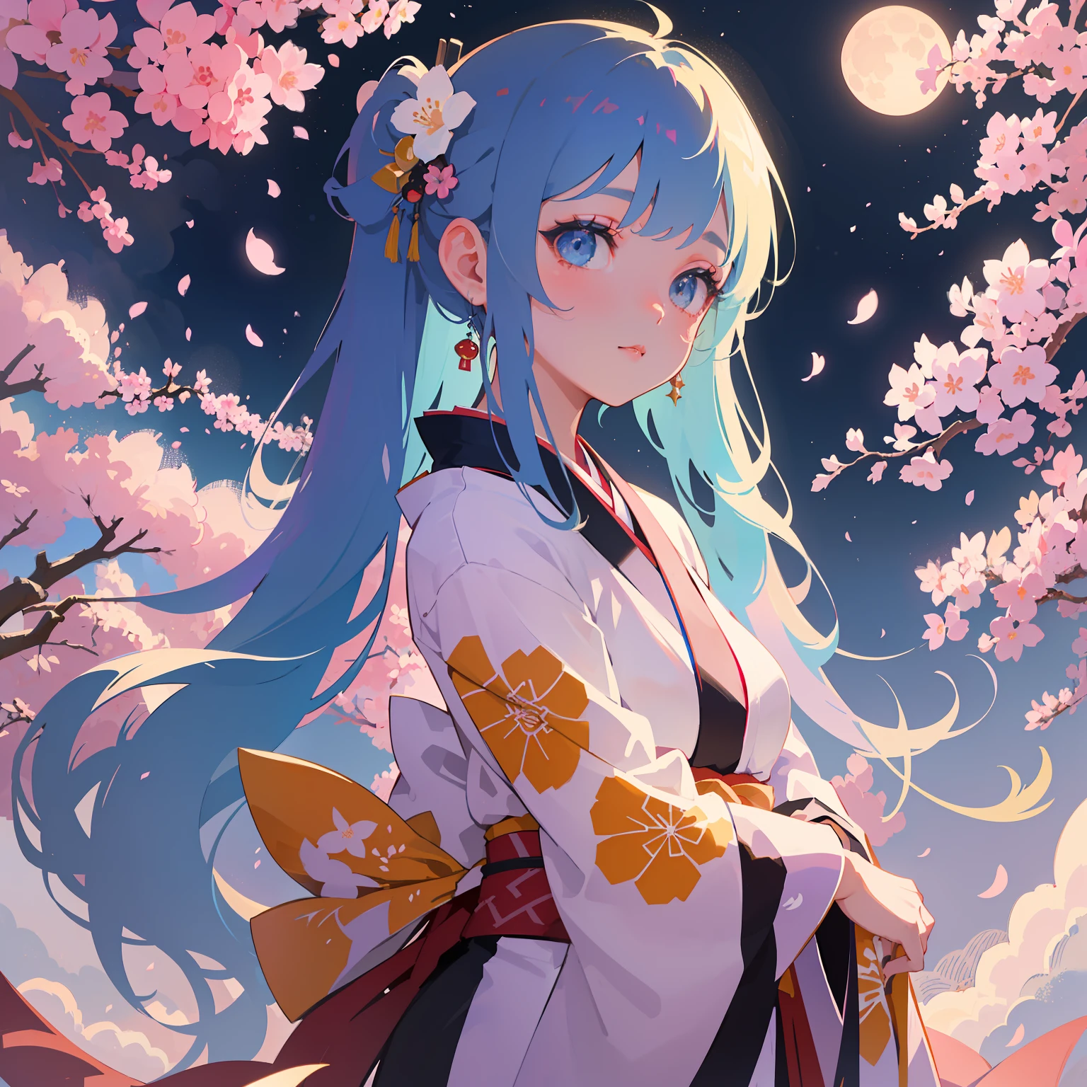1 sticker, sticker, nikkaze, (cute girl), (gorgeous kimono), (gorgeous hair accessory), (Japanese traditional hairstyle), cherry blossoms, clouds, behind is a huge round moon, stars, white background, no background, simple background, minimal, cute, tiny, pastel color, vector style, no gradient,solo