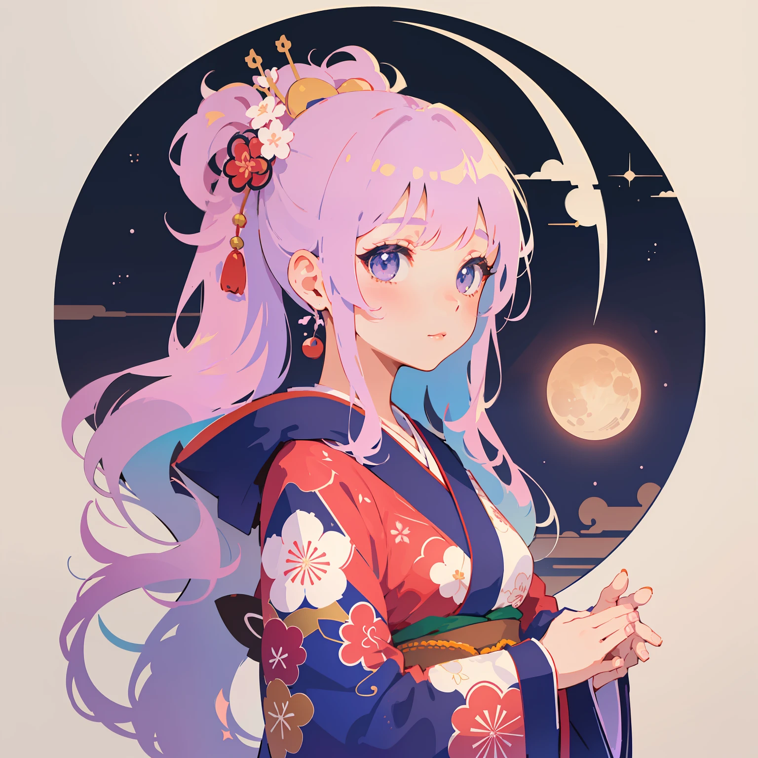 1 sticker, sticker, nikkaze, (cute girl), (gorgeous kimono), (gorgeous hair accessory), (Japanese traditional hairstyle), cherry blossoms, clouds, behind is a huge round moon, stars, white background, no background, simple background, minimal, cute, tiny, pastel color, vector style, no gradient,solo