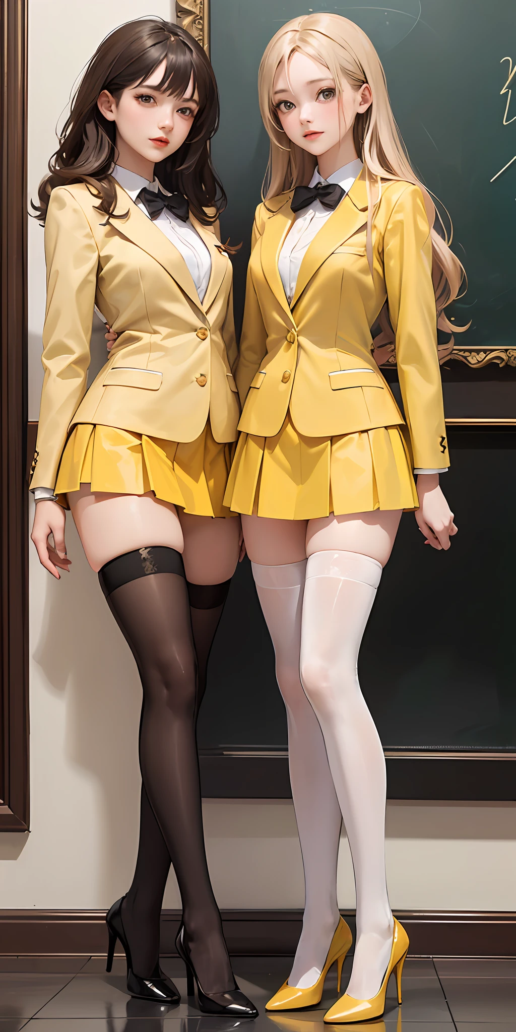 ((Masterpiece, highres)), 2girls, duo, twins, ((one brown haired girl, one blonde girl)), long hair, curly hair, matching hairstyles, different hair color, confident, elegant,  (((matching outfits, identical outfits, yellow school uniforms, sexy school uniforms, yellow blazer, yellow short skirt, white thighhighs, black high heels)))