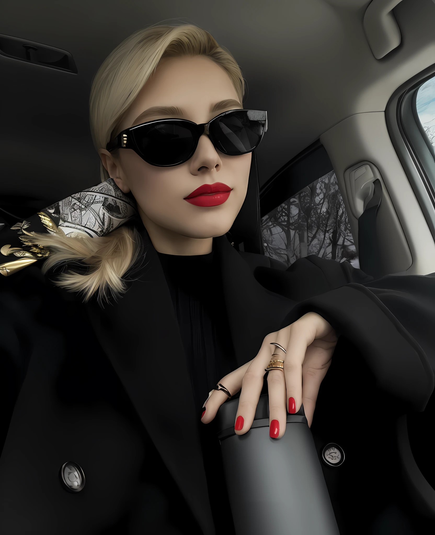 blond woman in black coat and sunglasses sitting in car with red nails, with sunglasses, wearing versace sunglasses, tons de preto e vermelho, tons de vermelho e preto, Taran Dasha, Yelena Belova, with sun glasses, tons escuros, 🪔 🎨;🌞🌄, red lips, Estilo de Julia Razumova, Directed by: Emma Andijewska