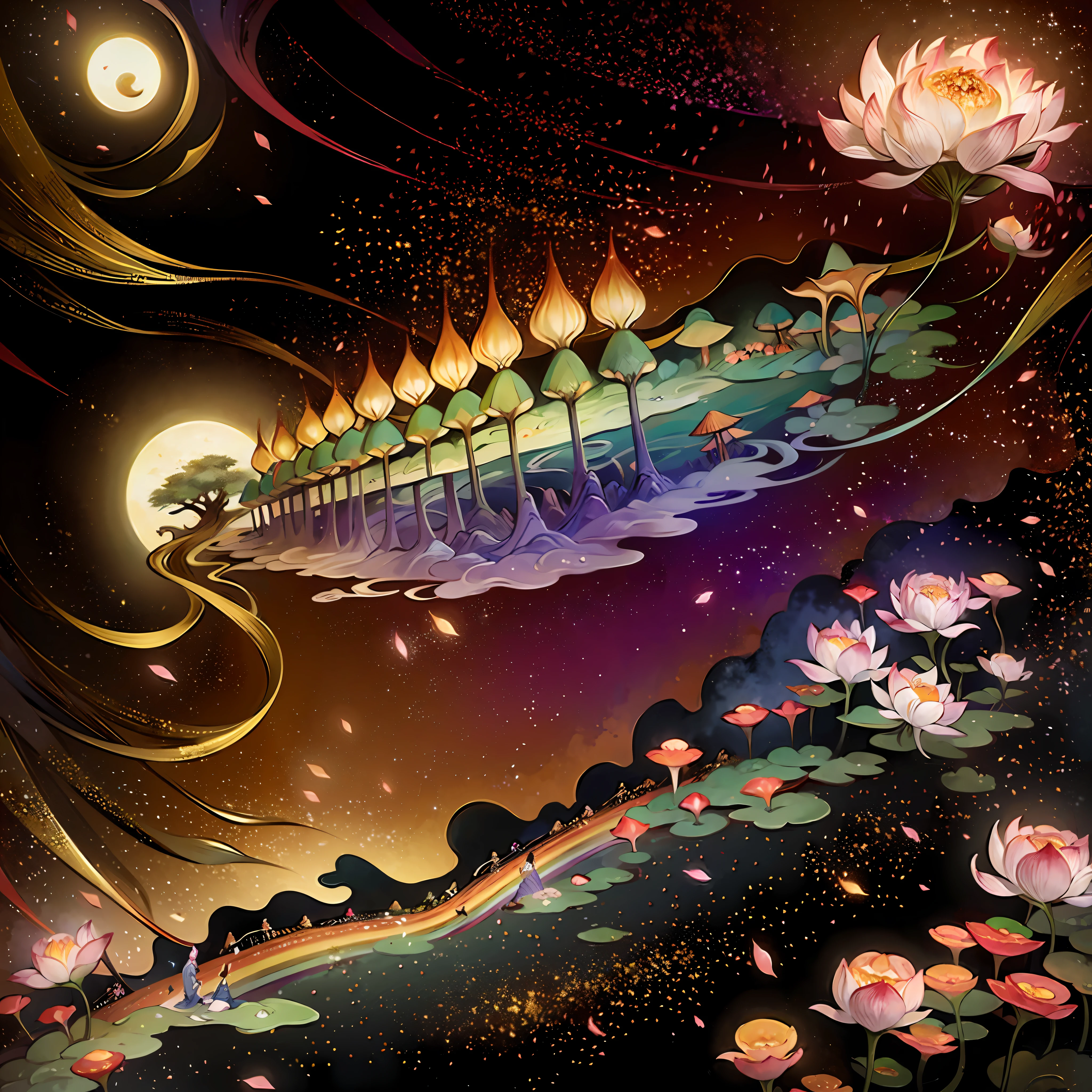 An ancient Chinese painting, ancient Chinese background, mountains, rivers, auspicious clouds, pavilions, sunshine,(psychedelic details),(mushrooms),lotus,(rainbow),(trippy),(DMT),intricate details, more details, high details,masterpieces, super detail, epic composition, ultra HD, high quality, extremely detailed, official art, unified 8k wallpaper, Super detail, 32k -- v 6