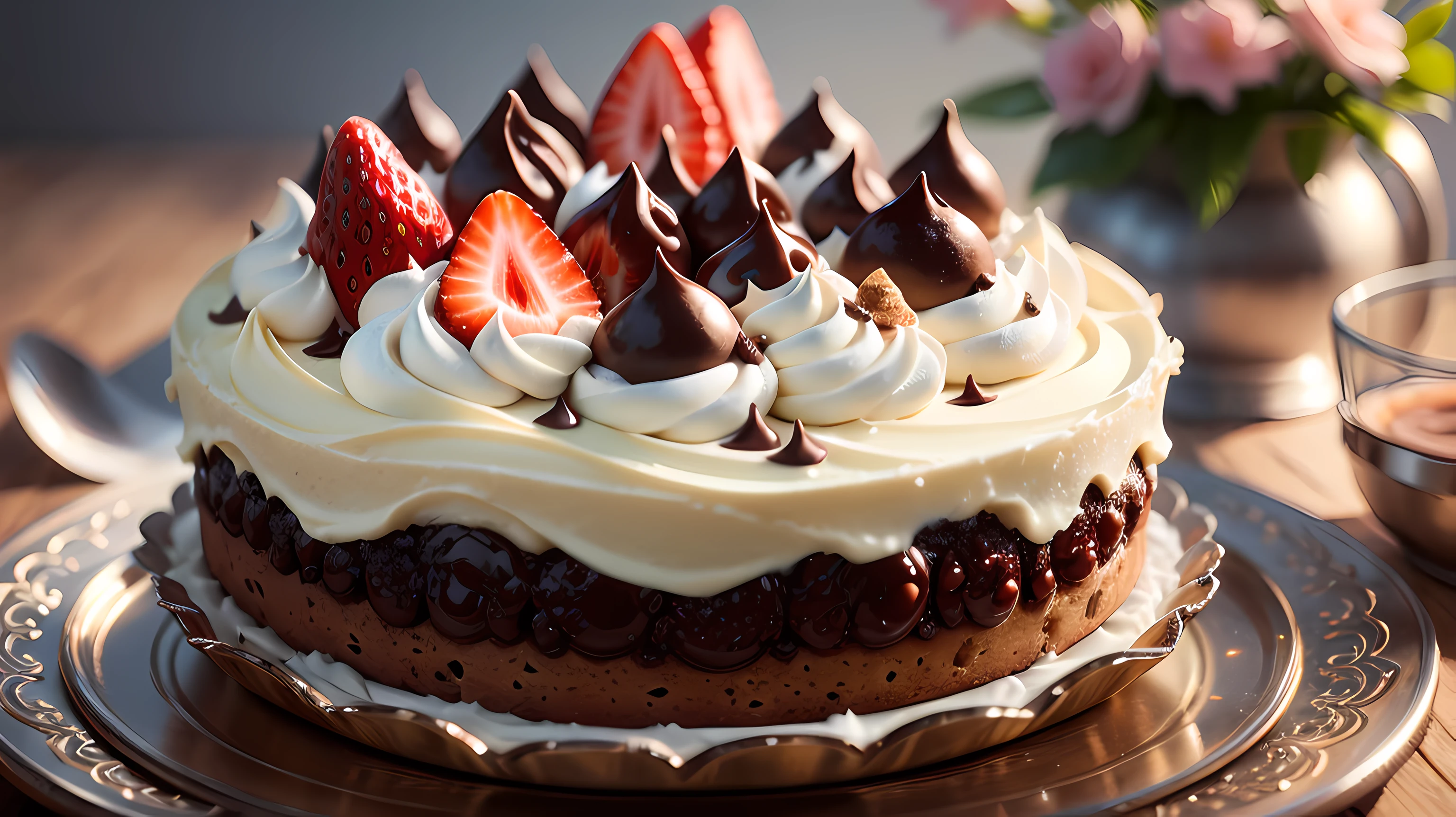 A creative and enticing depiction of sweet treats and delectable desserts, designed to captivate the viewer with its deliciousness. This artwork showcases a panoramic banner wallpaper featuring a seamless pattern texture. The top view perspective provides an appetizing glimpse of brown chocolate and crumble mixture, elegantly arranged in waves and swirls. The rich and decadent appearance of the sweets cream is sure to tempt the taste buds and evoke a sense of indulgence. The seamless pattern texture adds depth and intricacy to the artwork, making it visually engaging and captivating. Whether as a mouthwatering wallpaper or a delightful print, this artwork celebrates the irresistible allure of sweet treats and conveys a sense of culinary pleasure.
