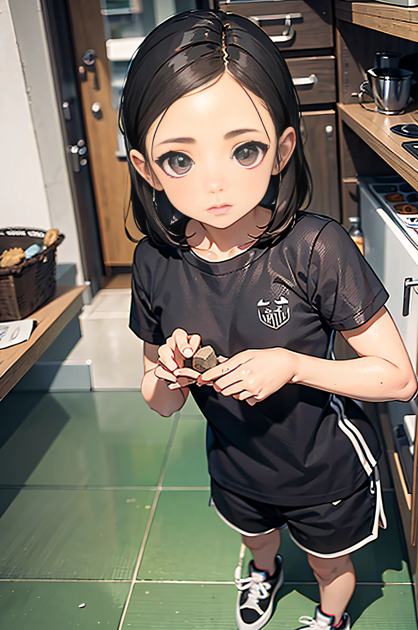 uma menina chamada Anne de 8 anos de idade, corpo inteiro, pele branca, olhos pretos, fleshy lips, cabelo preto liso na altura dos ombros, small hands, olhos grandes e castanhos, picking up small stones from the ground in a forest, usando coton shorts preto e camiseta preta sem desenho nesta camiseta, sem imagem tenis preto, Absurdo, melhor qualidade, somente, lateralmente, The illustration is of an 8-year-old girl ((perfil lateral)) Standing in the kitchen of your home, Expression of astonishment, ela usa shorts preto, black T-shirt and black sneakers.