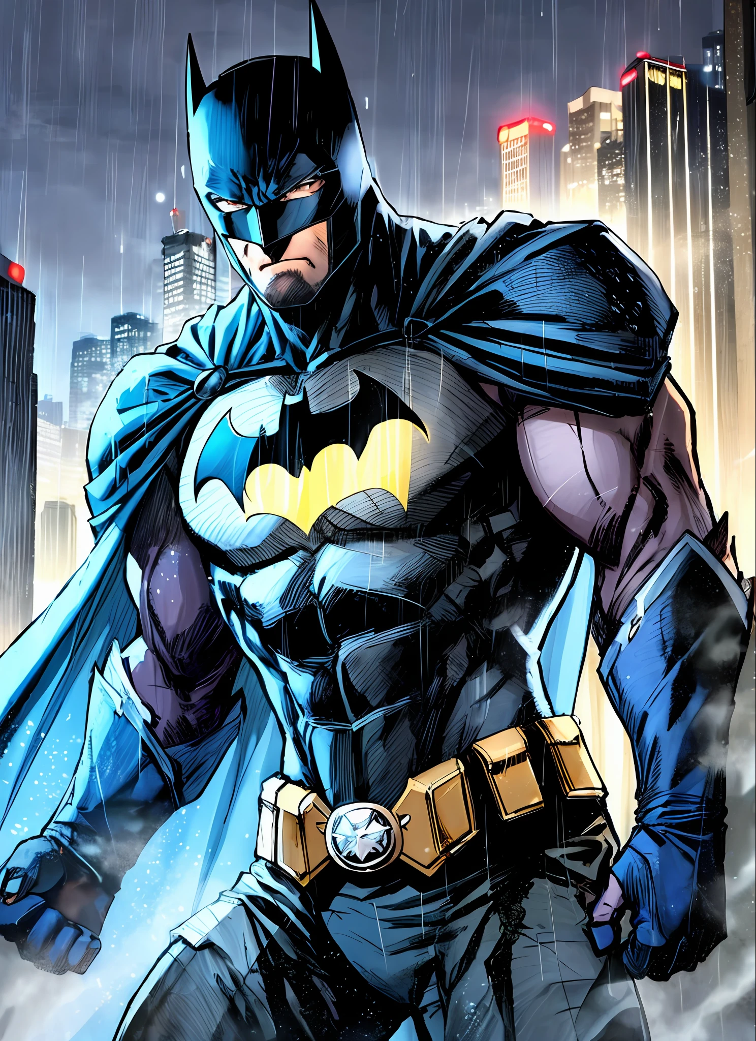 1boy, dark scene, cowboy shot of batman, athletic, white eyes, no pupils, night city, mist, particles, male focus, mask, muscular, muscular male, ragged and torn cape, night, outdoors, rain, serious, dark armosphere, detailed background, jim lee,