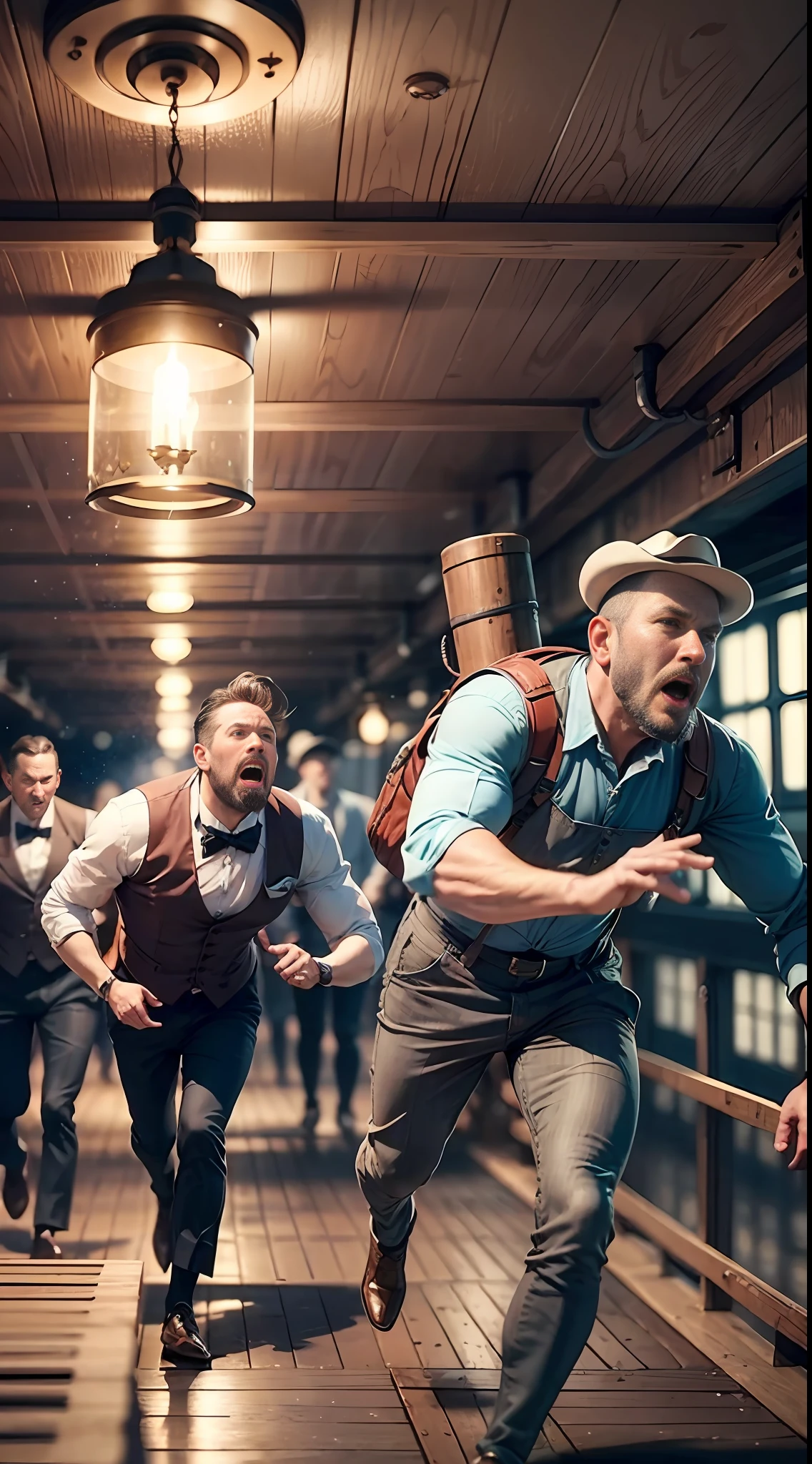 3 men in their 40s, steamship crew, year 1910s, on steamship from 1910s, running on ship deck, shouting, scared, ultra realistic, night sky, masterpiece, UHD, super detail, best quality, ray tracing, cinematic lighting