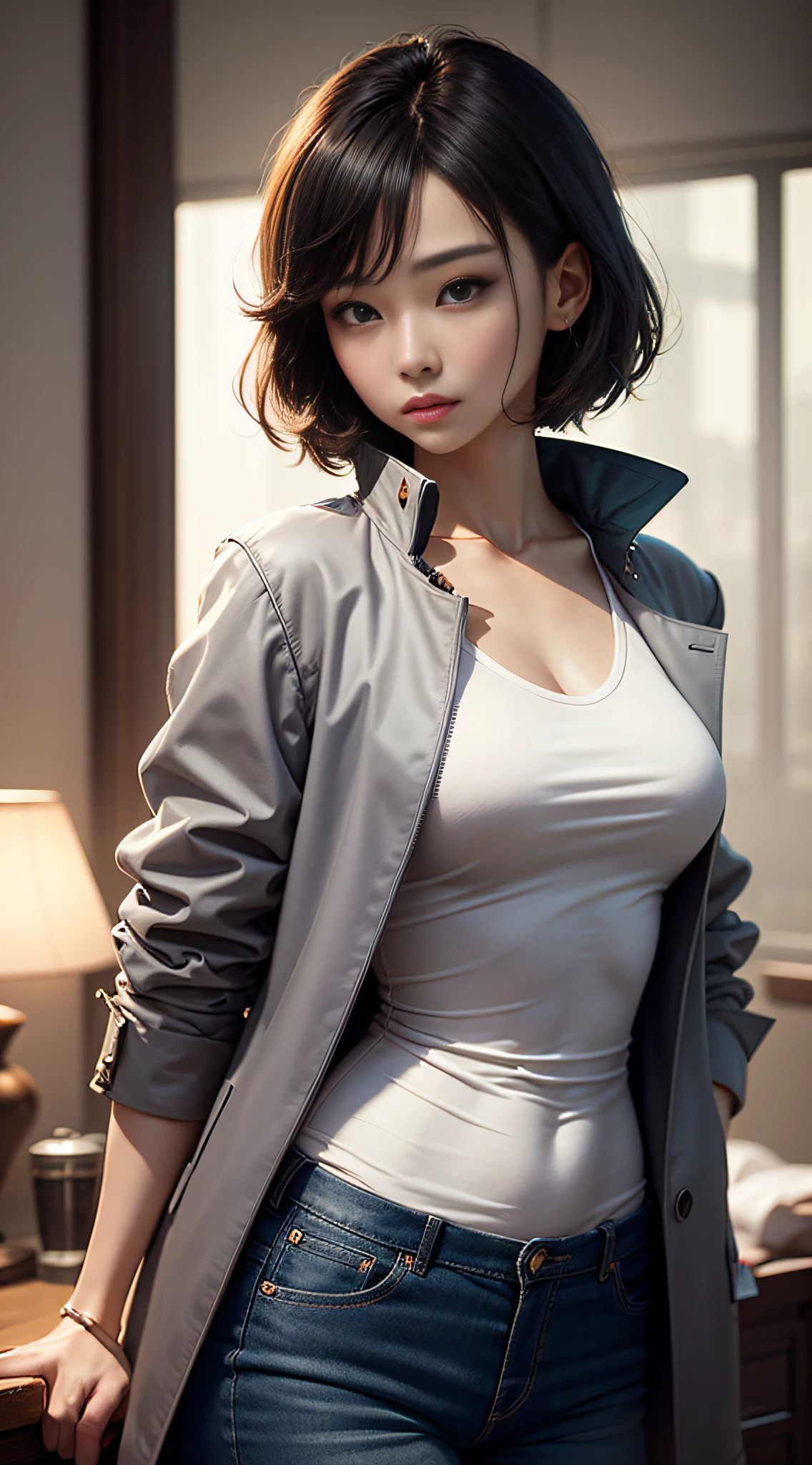 arafed woman with a white shirt and a gray jacket, sun yunjoo, ruan jia beautiful!, shaxi, jia, with short hair, park jimin, Lee Ji-eun, Yoshitomo Nara, Lee Ji-eun, With bangs, Lu Ji, Yun Ling, heonhwa choe, author:Ni Tian --auto