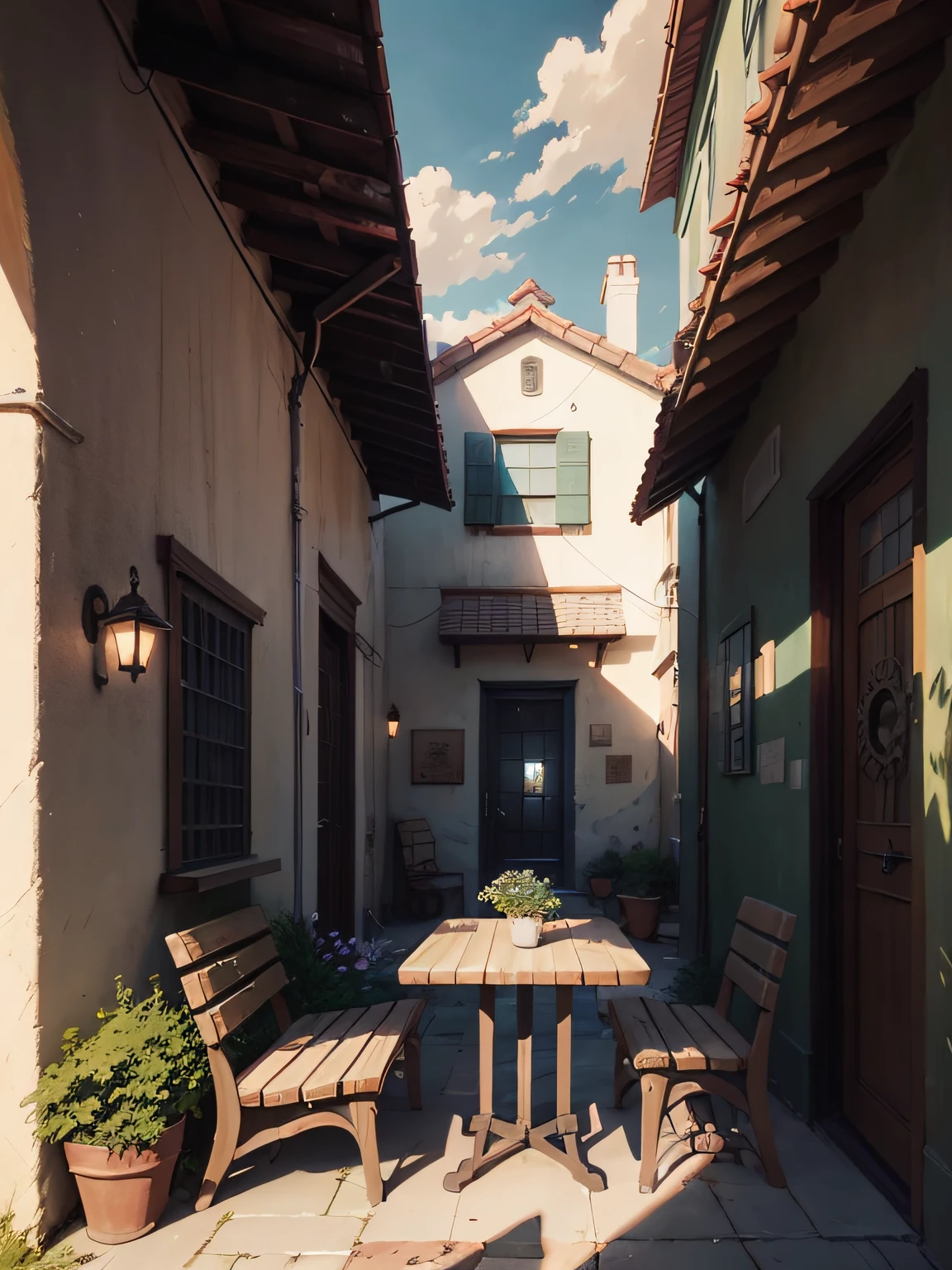 painting of a courtyard with a table and chairs and a bench, anime background art, relaxing concept art, anime scenery concept art, immensely detailed scene, a beautiful artwork illustration, detailed scenery —width 672, studio ghibli environment, highly detailed scene, environment design illustration, beautiful anime scene, ghibli studio style, anime scenery, detailed soft painting, environment painting