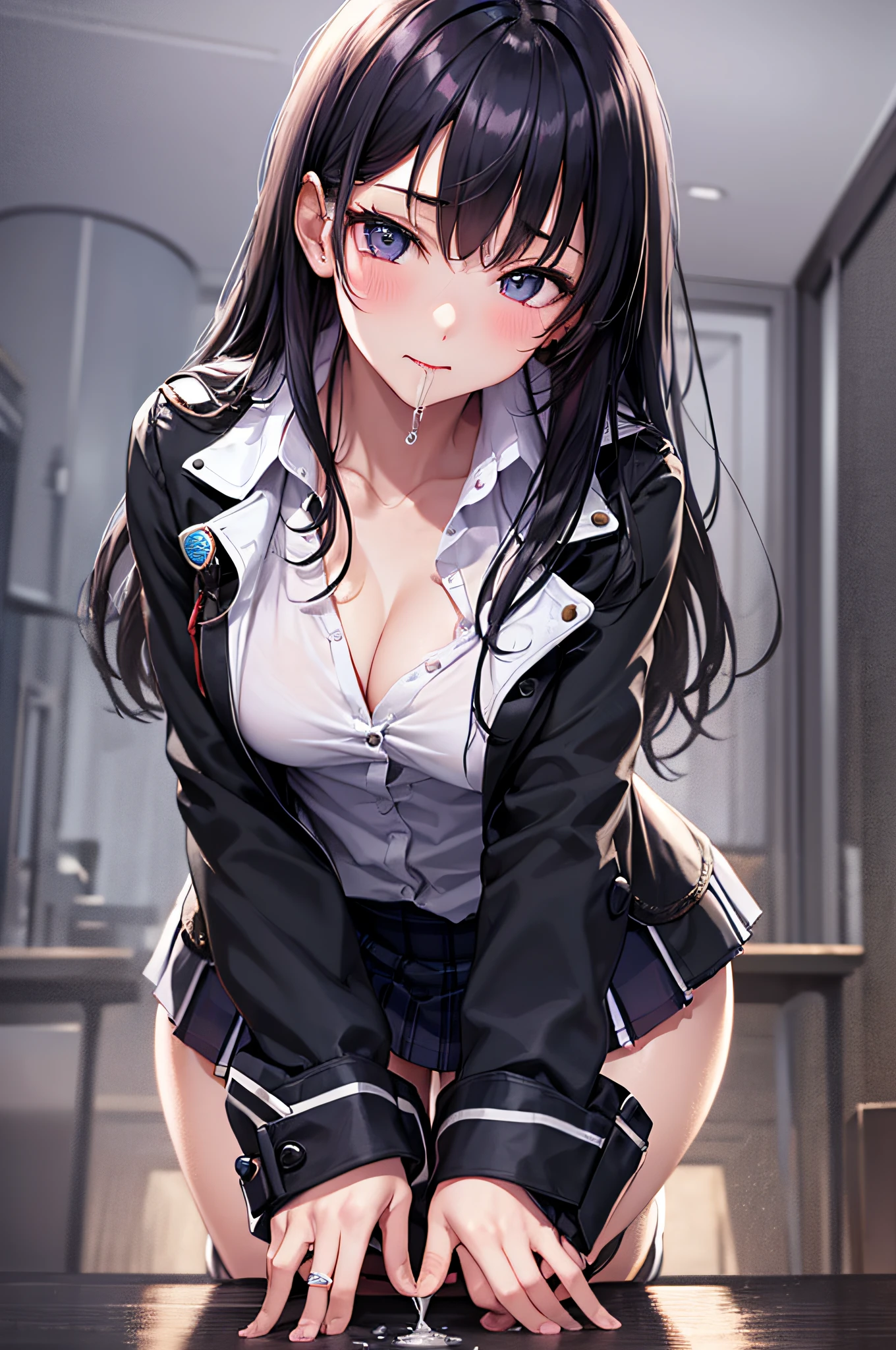 NSFW、 шедевр、 hightquality、 1girl in、 yandere、 Black-haired schoolgirl、 High school girl with straight hair、 Kneeling、 th all of fours、 (((((High school girl giving a)))))、 Blazer Uniform、 (((Open the front of the jacket)))、 (((Open the front of the blouse)))、 Adorable expression、 Swallow it down your throat、 1boy、 High school girl sucking、lace bra、 Lace panties、 Semen dripping from the mouth、 In a dark classroom、 nights、 Middle of the night、 Full Moon Night