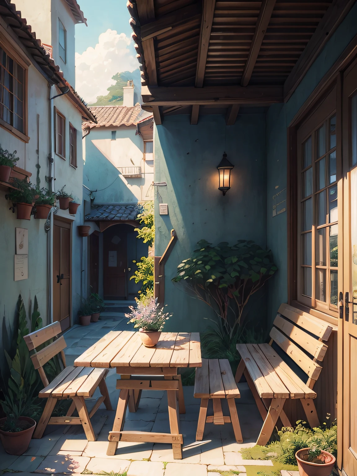 painting of a courtyard with a table and chairs and a bench, anime background art, relaxing concept art, anime scenery concept art, immensely detailed scene, a beautiful artwork illustration, detailed scenery —width 672, studio ghibli environment, highly detailed scene, environment design illustration, beautiful anime scene, ghibli studio style, anime scenery, detailed soft painting, environment painting