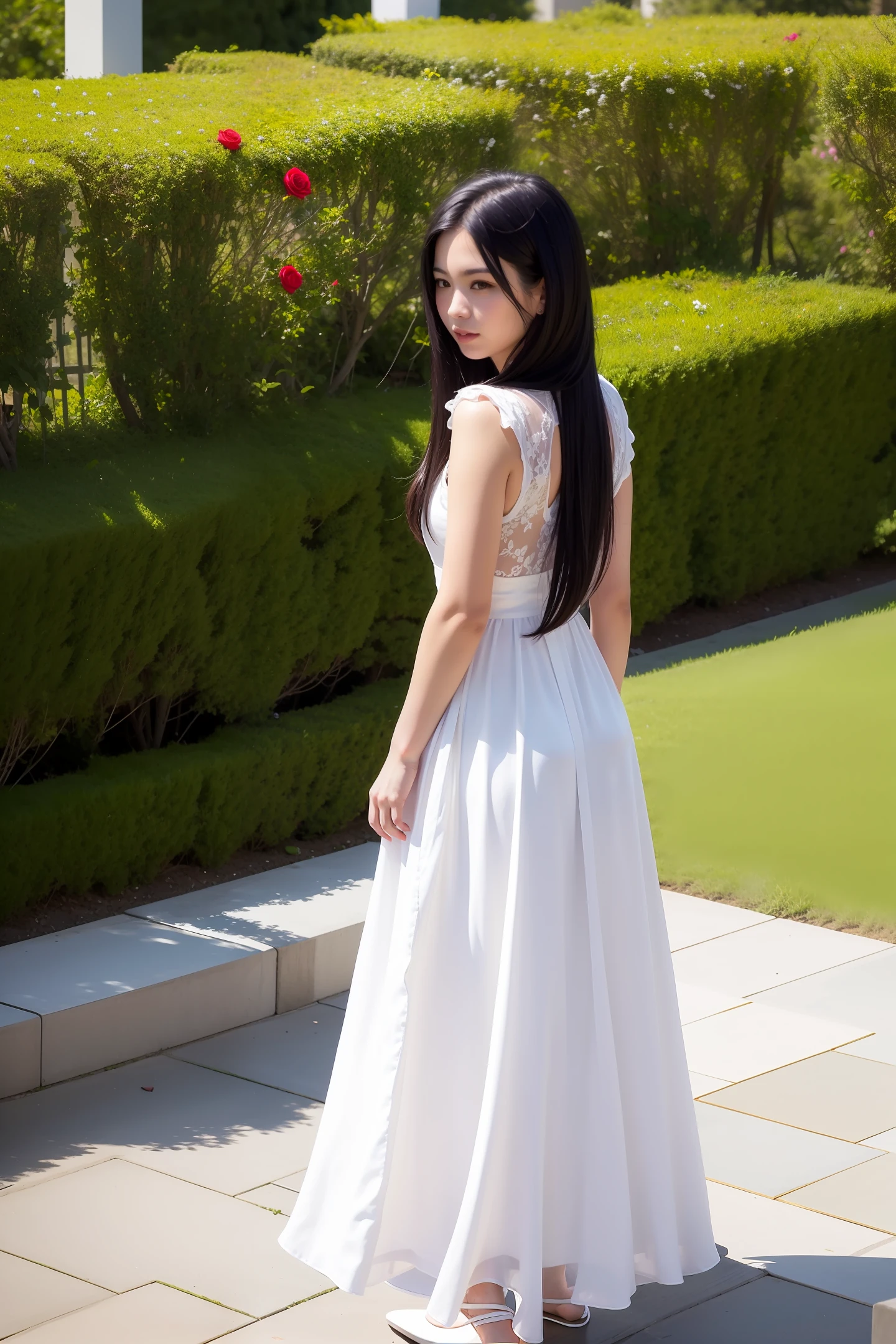 1girl with long black hair in white dress standing in rose garden.