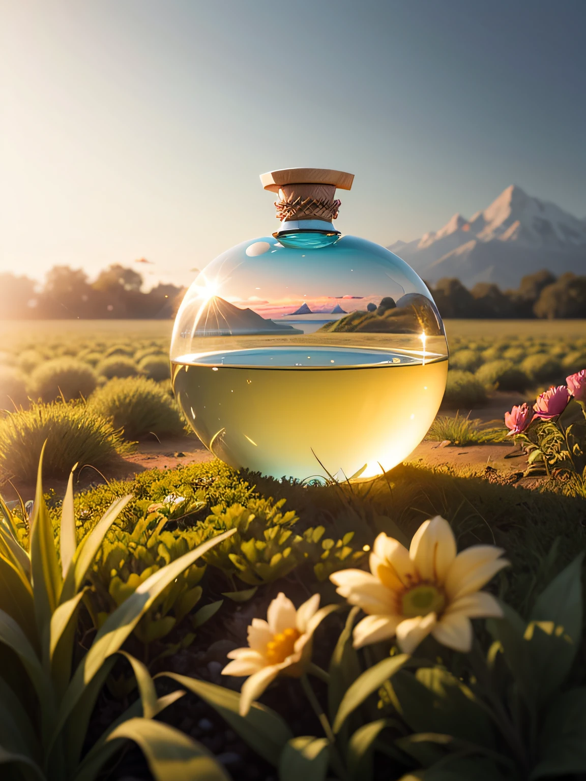 grass field,There are tents in the back,Leave it as it is,Generate a beautiful background atmosphere,Product photography of a perfume bottle arranged with a lot of plants and flowers, realistic, light background, realistic rendering --v 6
