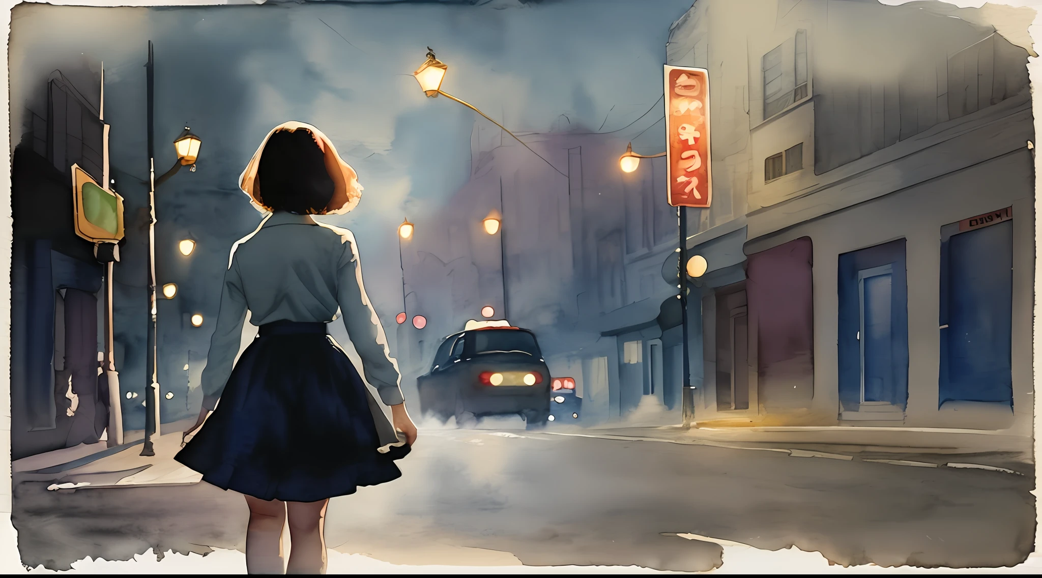 /imagine prompt: watercolor of In the style of retro Watercolor painting painting, Short brunette girl back, no facial features, Short skirt, Dim yellow light Black cat silhouette, White rose, Soft lines, Muted colours, Rule of thirds composition, Soft light, Retro, Renaissance,Suppress sadness,Street view at night,Low saturation dark tones,Hue blue,Weird style --auto