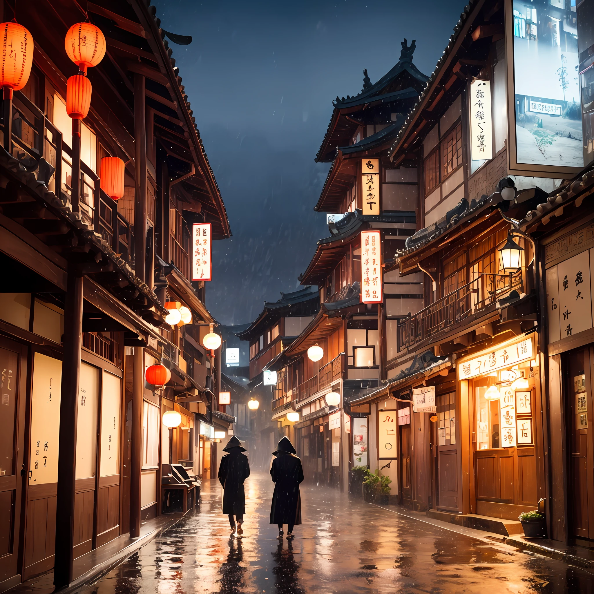 arafed view of a village with a lot of lights on the buildings, dreamy chinese town, chinese village, amazing wallpaper, japanese town, japanese village, hyper realistic photo of a town, old asian village, japanese city, by Raymond Han, rainy evening, cyberpunk chinese ancient castle, beautifully lit buildings, at evening during rain, beautiful and aesthetic, photography, cinematic, 8k, high detailed ((Heavy rain))) --auto