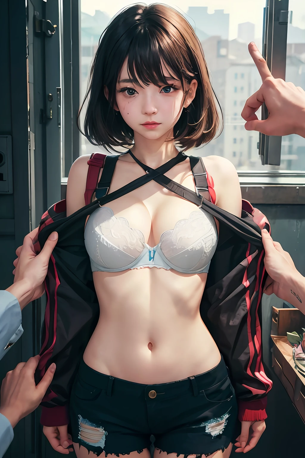 there is a woman in a bra top and shorts holding a jacket, seductive anime girl, a hyperrealistic schoolgirl, ilya kuvshinov. 4 k, hyperrealistic schoolgirl, artwork in the style of guweiz, smooth anime cg art, [ 4 k digital art ]!!, (sfw) safe for work, touching her clothes