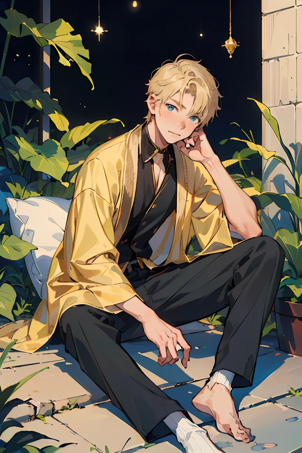 (AS-Young:1.7), (1boy:1.8), (male focus:1.2), (cute:1.7) solo, solo focus, masterpiece, ((exquisite_detail)), illustration, (handsome), extremely_detailed_CG, blue eyes, blonde hair, blush, golden robe, city boy, leaf, looking at viewer, sitting down, (spread legs:0.9), (barefoot:0.9), cute boy, shorts