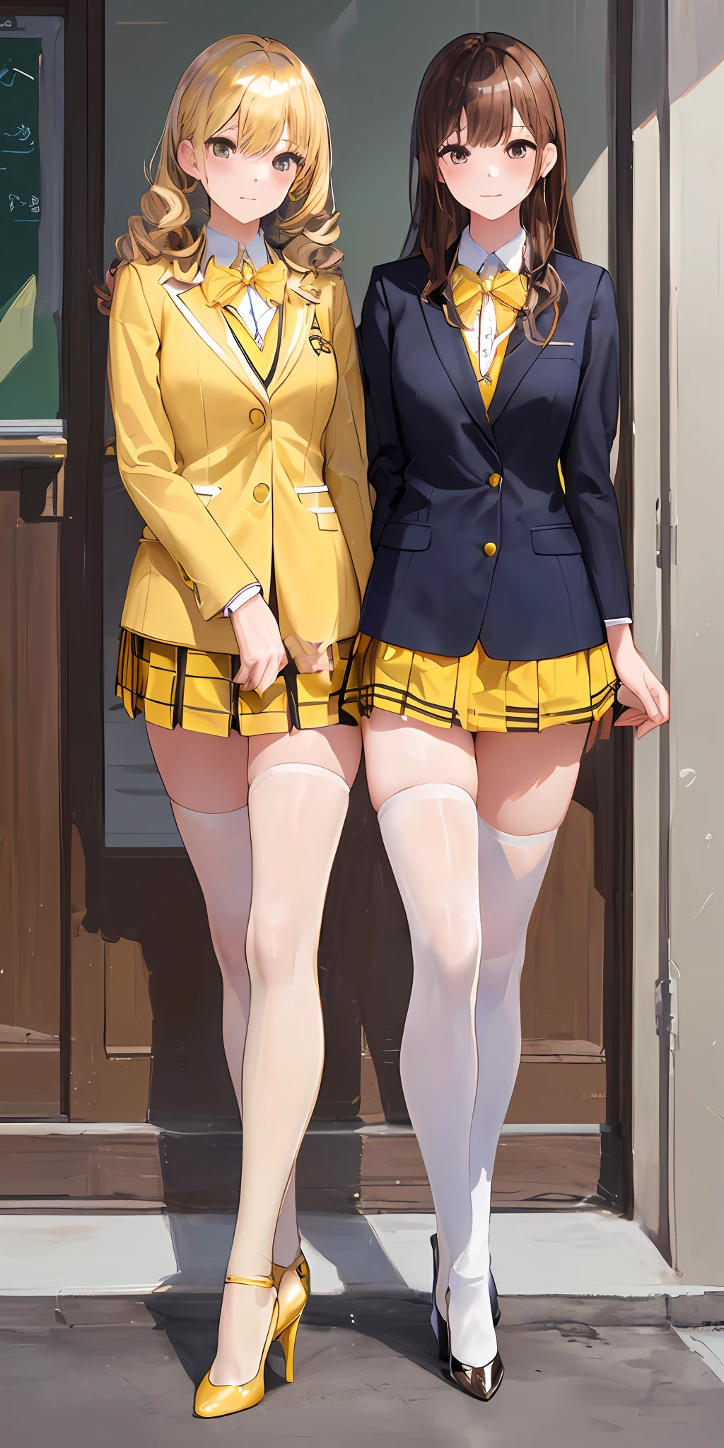 ((Masterpiece, highres)), 2girls, duo, twins, ((one brown haired girl, one blonde girl)), long hair, curly hair, matching hairstyles, different hair color, confident, elegant,  (((matching outfits, identical outfits, yellow school uniforms, sexy school uniforms, yellow blazer, yellow short skirt, white thighhighs, black high heels)))