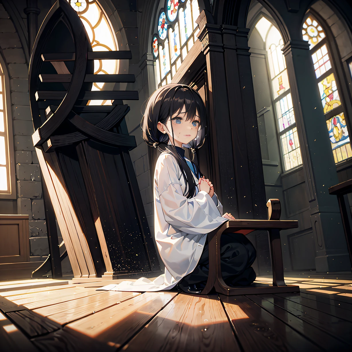 ，巨作, Best quality，8K, Super-High Resolution，In an old church，The protagonist kneels alone on a bench，Fold your hands together and pray to God。Sunlight enters the church through stained glass windows，Sprinkle on the sad face of the protagonist，It reflects the tranquil atmosphere that permeates the church。The protagonist closes his eyes，Tears lingered，Expresses his heartbroken emotions。