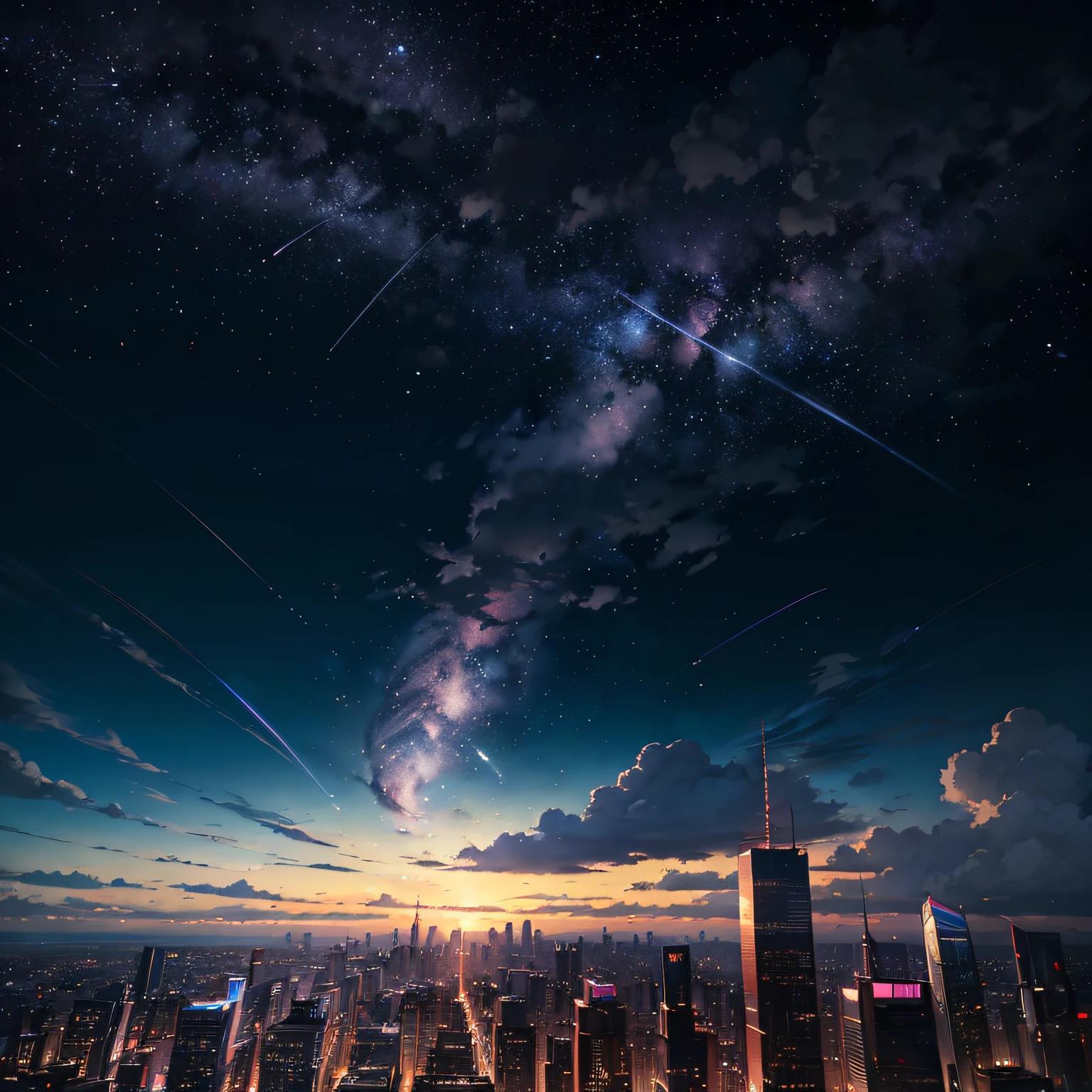 anime scene of galaxy with a pink and purple sky, an anime drawing by Makoto Shinkai, trending on pixiv, magical realism, beautiful anime scene, cosmic skies. by makoto shinkai, ( ( makoto shinkai ) ), by makoto shinkai, anime background art, style of makoto shinkai, moon in the sky, night city, shooting star, best quality, masterpiece, cloud, colorful, starry, stars, night, shooting star, anime sky, pastel colour, city with high building --auto