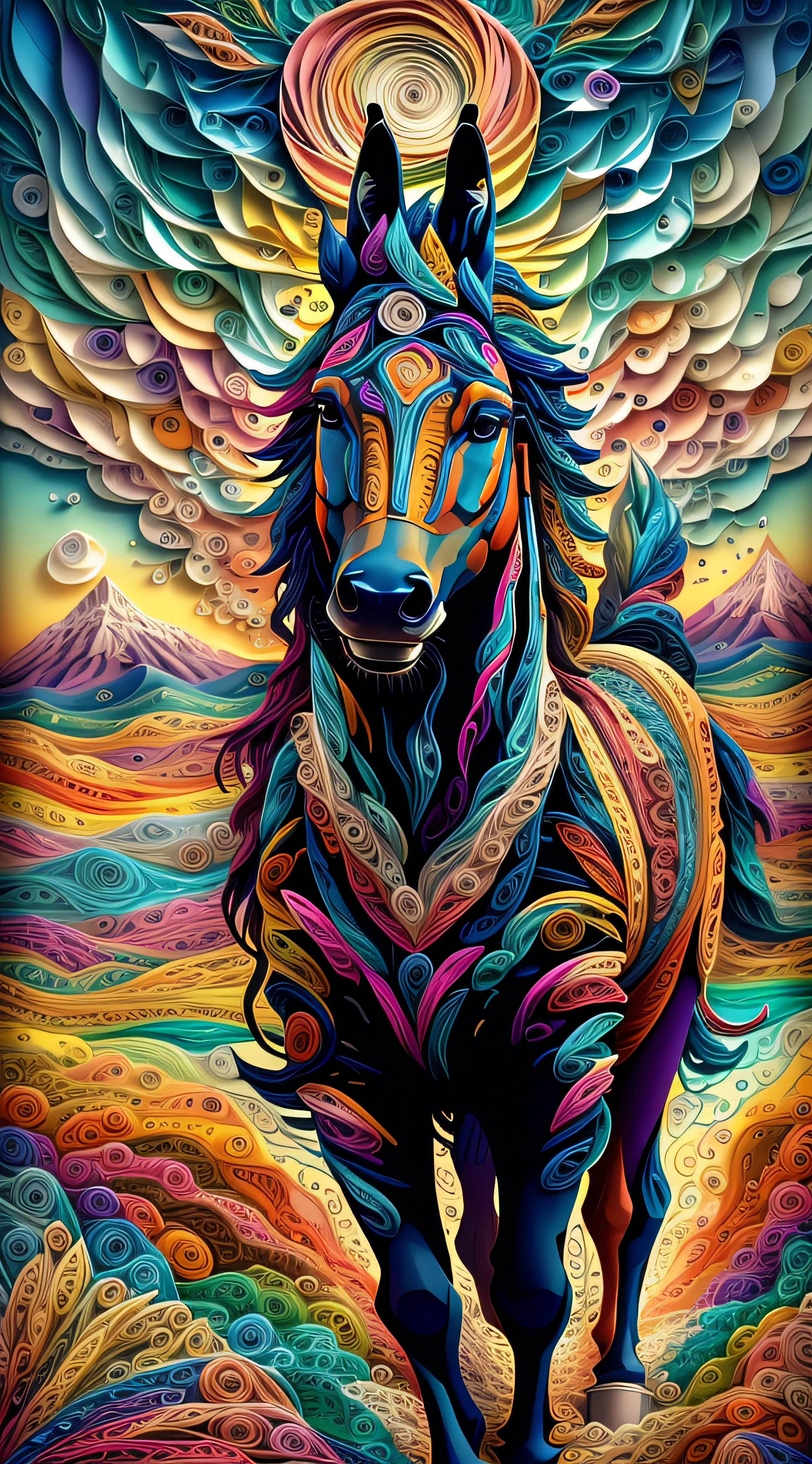 3 wolfes running through the field, one is howling, mountains, rural landscape, wilderness, bird of prey flying high, indians riding horse in the background, stunning visuals, multi dimensional, quilling paper, psychedlic clouds, fractal art, chibi, yang08k, beautiful, colorful, Masterpieces, top quality, official art, beautiful and aesthetic, ((8K ultra realistic)), best quality