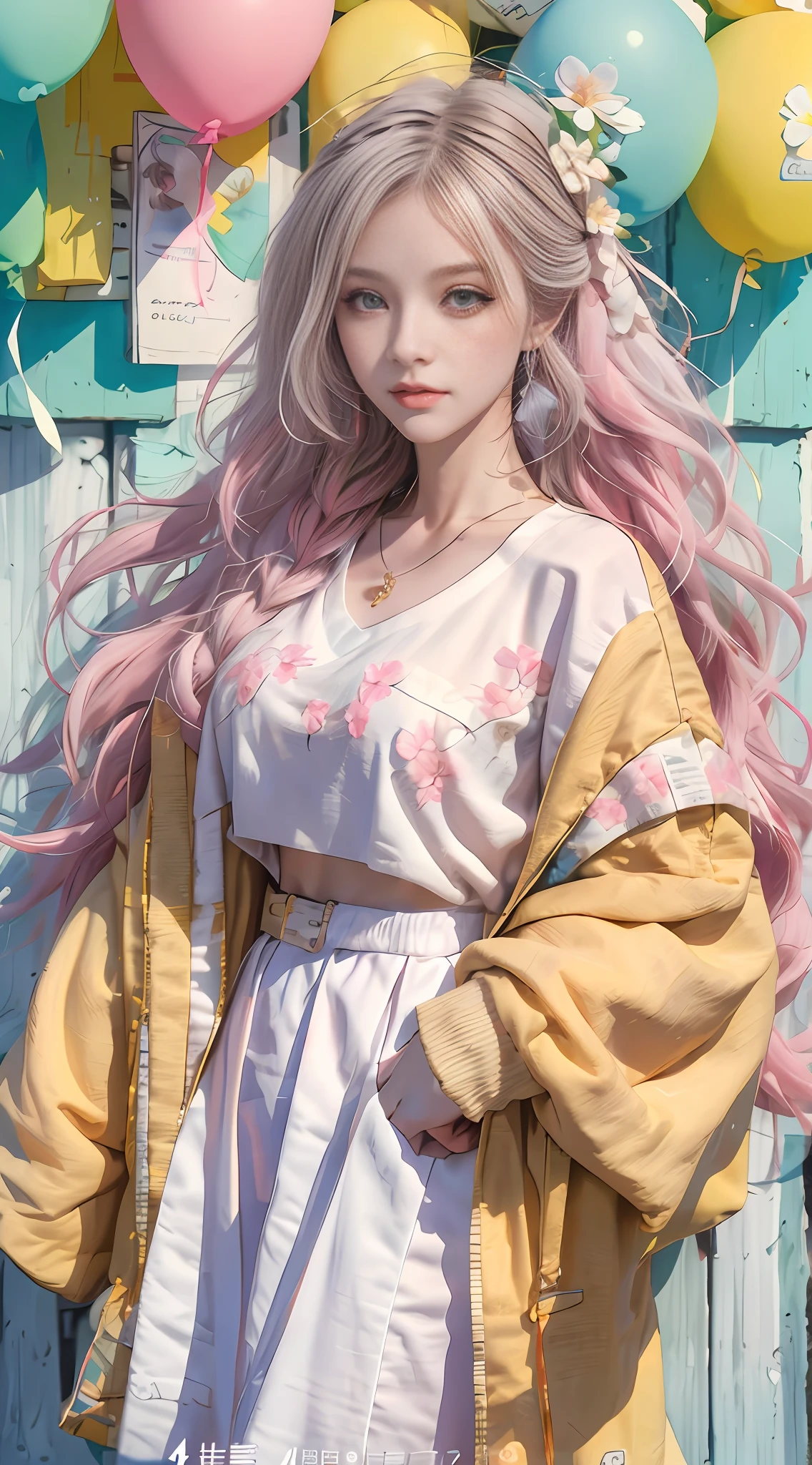 Loli Girl，A pair of peach blossom eyes，prettyandcute，flower ring，Yellow jacket，White sweatshirt，Lots of colored bubbles，Royal sister face，chibiStyle，There are collarbones，White extra long hair，perfectdetaileyes，Perfect for hand fingers，Delicate face，perfectcg，4k画质，Colorful balloons，skyward，Colorful oil pastels，
