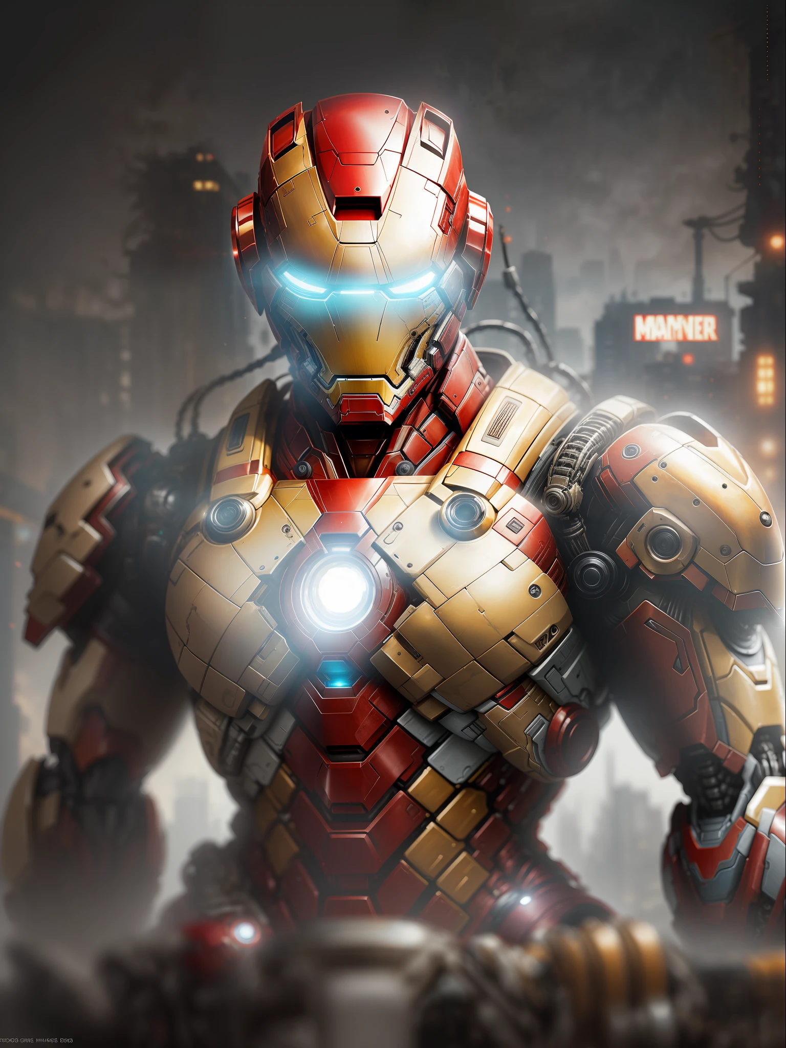 Iron Man 2099 from Marvel photography, biomechanical, complex robot, full growth, hyper-realistic, insane small details, extremely clean lines, cyberpunk aesthetic, a masterpiece presented at Zbrush Central