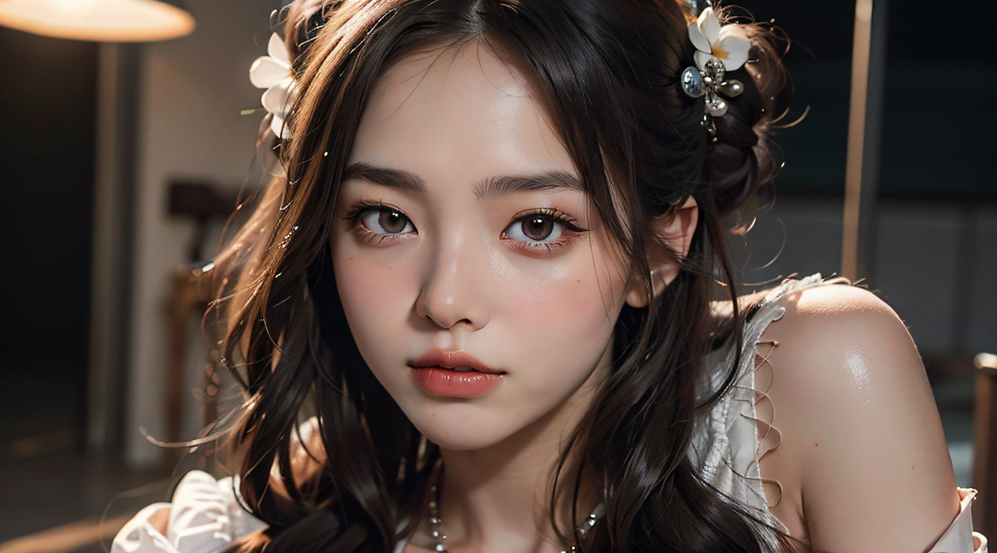 best quality, masterpiece, highres, 1girl,blush,(seductive smile:0.8),star-shaped pupils,china hanfu,hair ornament,necklace, jewelry,Beautiful face,upon_body, tyndall effect,photorealistic, dark studio, rim lighting, two tone lighting,(high detailed skin:1.2), 8k uhd, dslr, soft lighting, high quality, volumetric lighting, candid, Photograph, high resolution, 4k, 8k, Bokeh