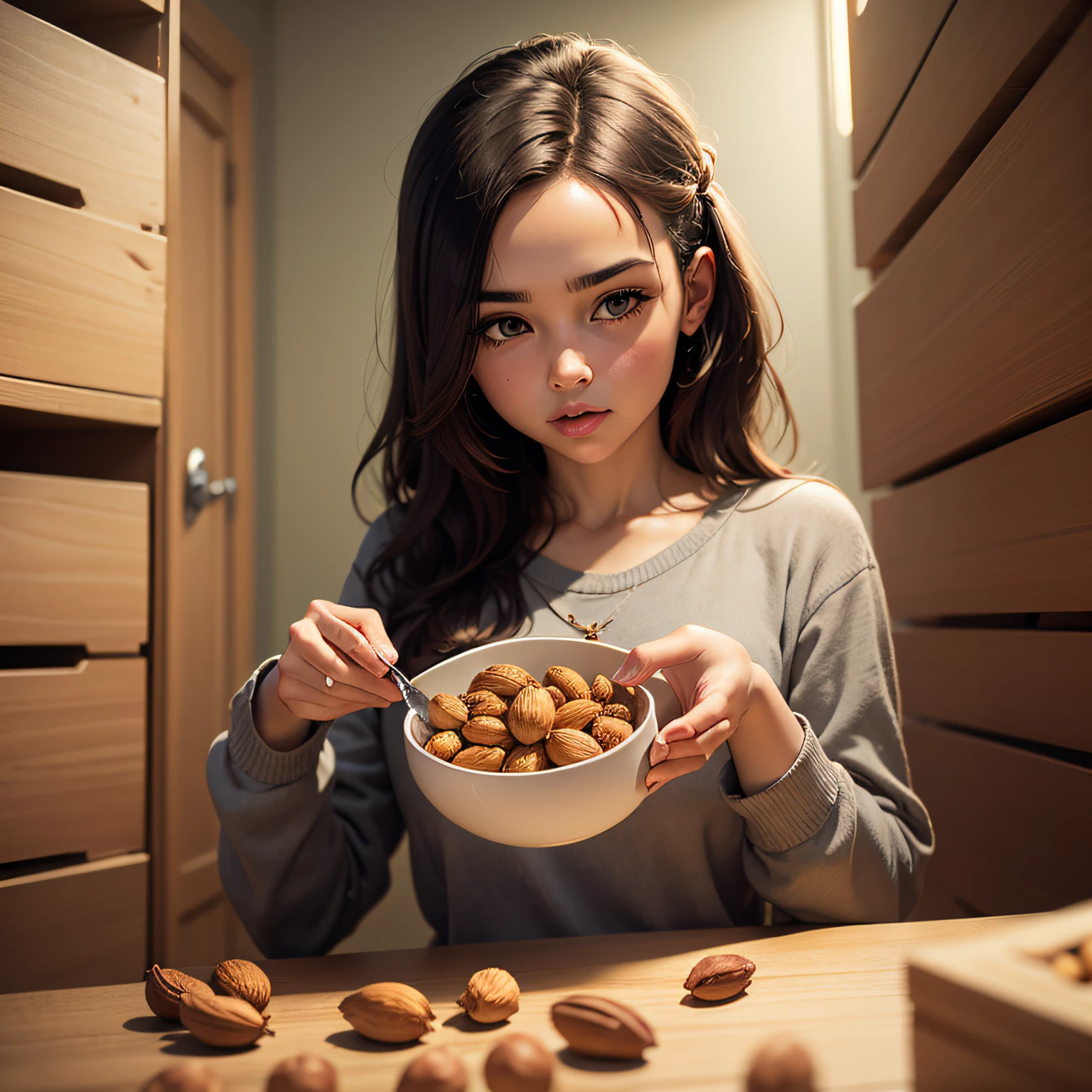 imagem hiperealista de mix de castanhas , advertising campaign of the brand named KINUTS; castanhas misturadas, atrativas, produto; logotipo KINUTS, realismo, Vinhetas, Super Detalhe, pessoa comendo mix de castanhas, Brazil nuts --auto