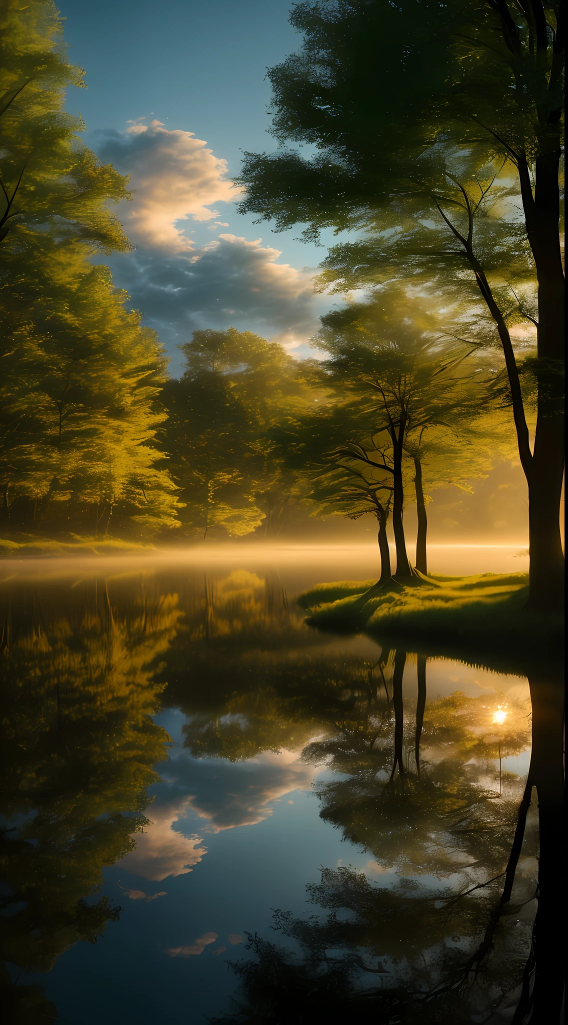 Wallpaper, Summer, Lake, Dawn, Forest, Clouds, Dawn Background, Depth of Field, HD Detail, Hyper Detail, Cinematic, Soft Light, Deep Field Focus Bokeh, Ray Tracing, Diffuse (Ultra Fine Glass Reflections) and Realism . --v6