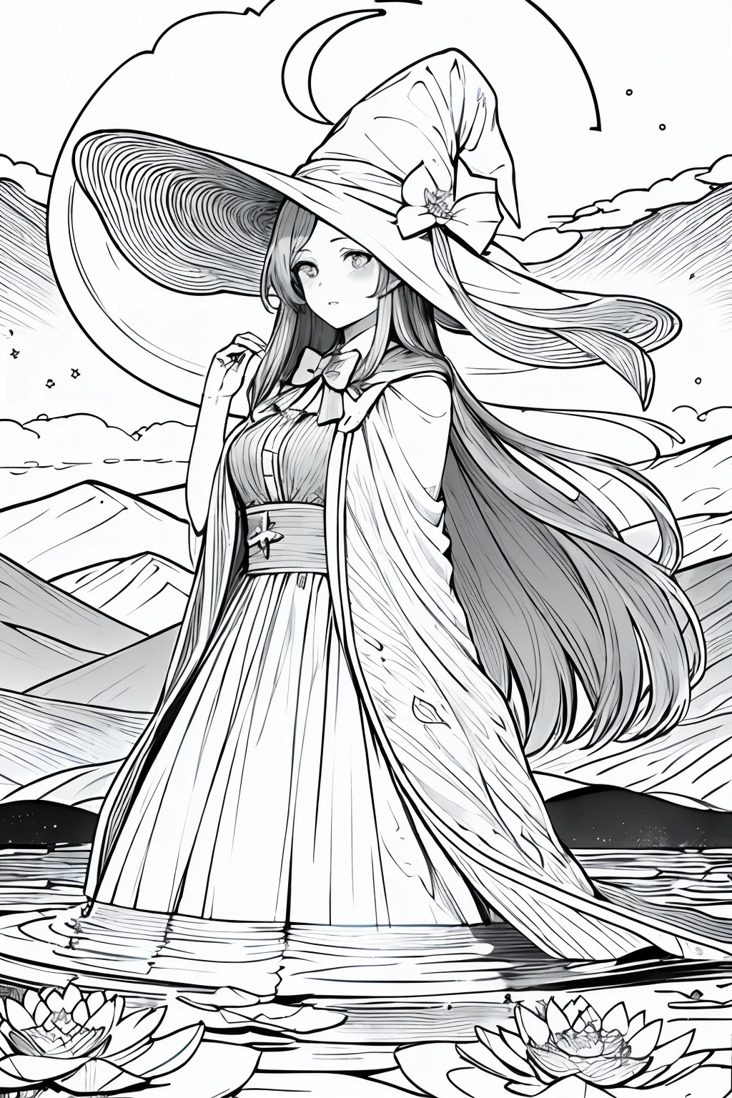 masterpiece, best quality,1girl, adjusting clothes, adjusting headwear, blush, bow, bowtie, breasts, brown eyes, brown hair, cloak, cloud, cloudy sky, crescent moon, dress, fantasy, flower, glowing, glowing flower, hat, light particles, lily pad, long hair, looking at viewer, moon, moonlight, mountain, mountainous horizon, night, outdoors, parted lips, pointy ears, pond, sky, small breasts, star (sky), starry sky, very long hair, wading, water lily flower, wind, witch, witch hat, lineart, monochrome,