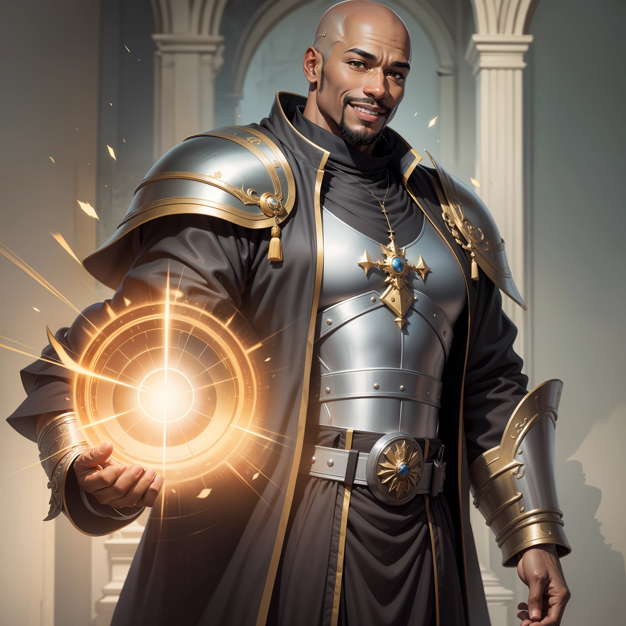 Realistic image with anime style art of a black man, 40 years old, bald, tall, strong, dressed in black clergyman's robes and with silver shoulder pads, rpg warrior, confident smile, standing in a wide hall of a royal palace