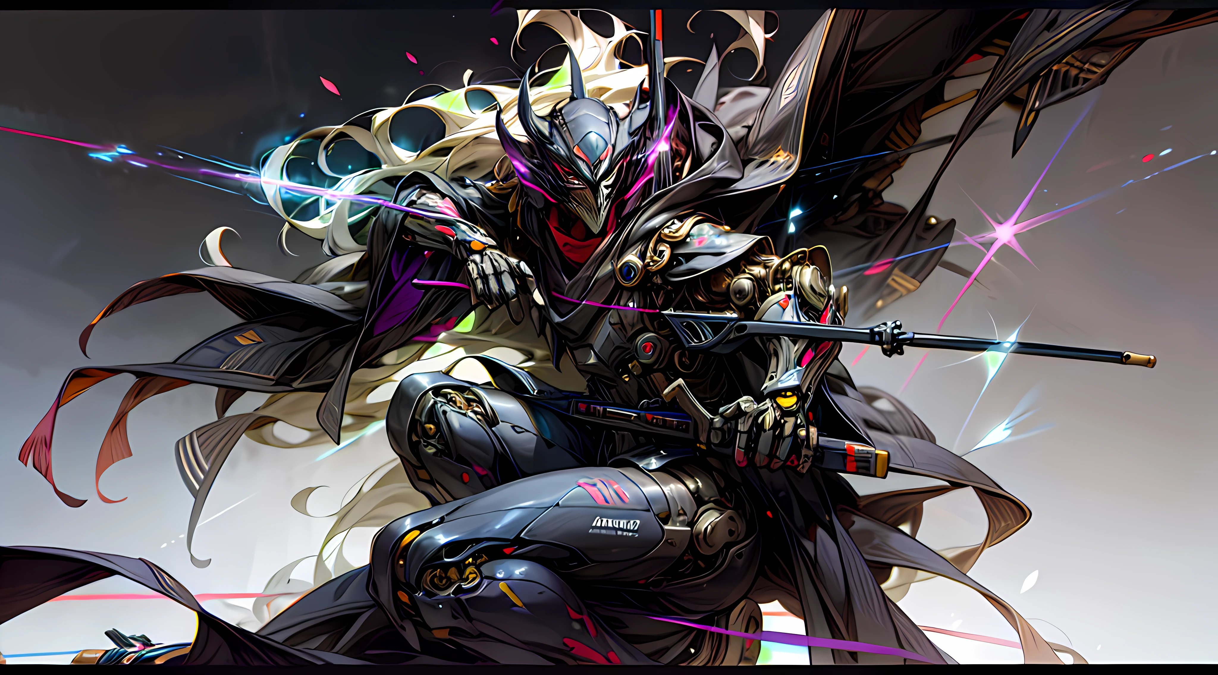 (Homem em um traje de peste black futuristic:0.9), (raven mask:1.1), (rifle:1.3), (Cyber futuristic environment:1.4), (bright and contrasting lighting:0.2), (Dynamic shooting angle:1.3), (contraste de fundo escuro:0.1), (Realismo:1.1), Dark_Fantasy,corvo Cyberpunk,(motosserra,homem vestido de corvo,preto: 1.1),1man,Mechanical wonder of steel,robotic presence,cybernetic guardian, wearing a worn mechanical suit, intrincado, (steel metal [enferrujado]), elegante, foco claro , filmado por greg rutkowski, gentle illumination, cores vibrantes, obra-prima, ((rua)), tiro de cowboy, dinamic pose