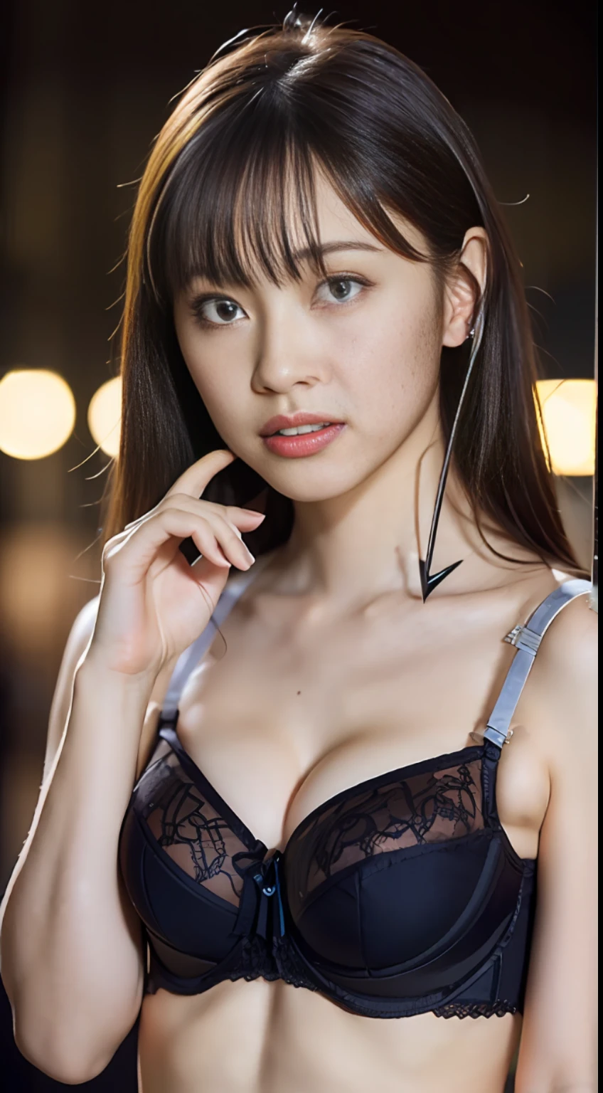 ((by night、Real Light、最好质量、8K、шедевр:1.3))、(full body pictures)、(Full body portrait)、Firm abs、Beautiful girl with a very slender body:1.4、(Brown hair、small tits:1.3)、Cute underwear、Front Hook Bra、Very small breasts、Skinny body、big breasts thin waist、The is standing、Night City、hyperdetailed face、Detailed eye、双眼皮、Japan schoolgirl、full body pictures、flat chest、very slender body、full body pictures、(Bra with front hook off:1.8)、Composition from the knee up、